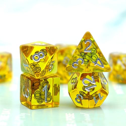 Miniatura 3 de Haxtec Honey Bee - Juego de 7 dados poliédricos de resina amarilla rellenos para regalos de mazmorras y dragones, dados de avispón