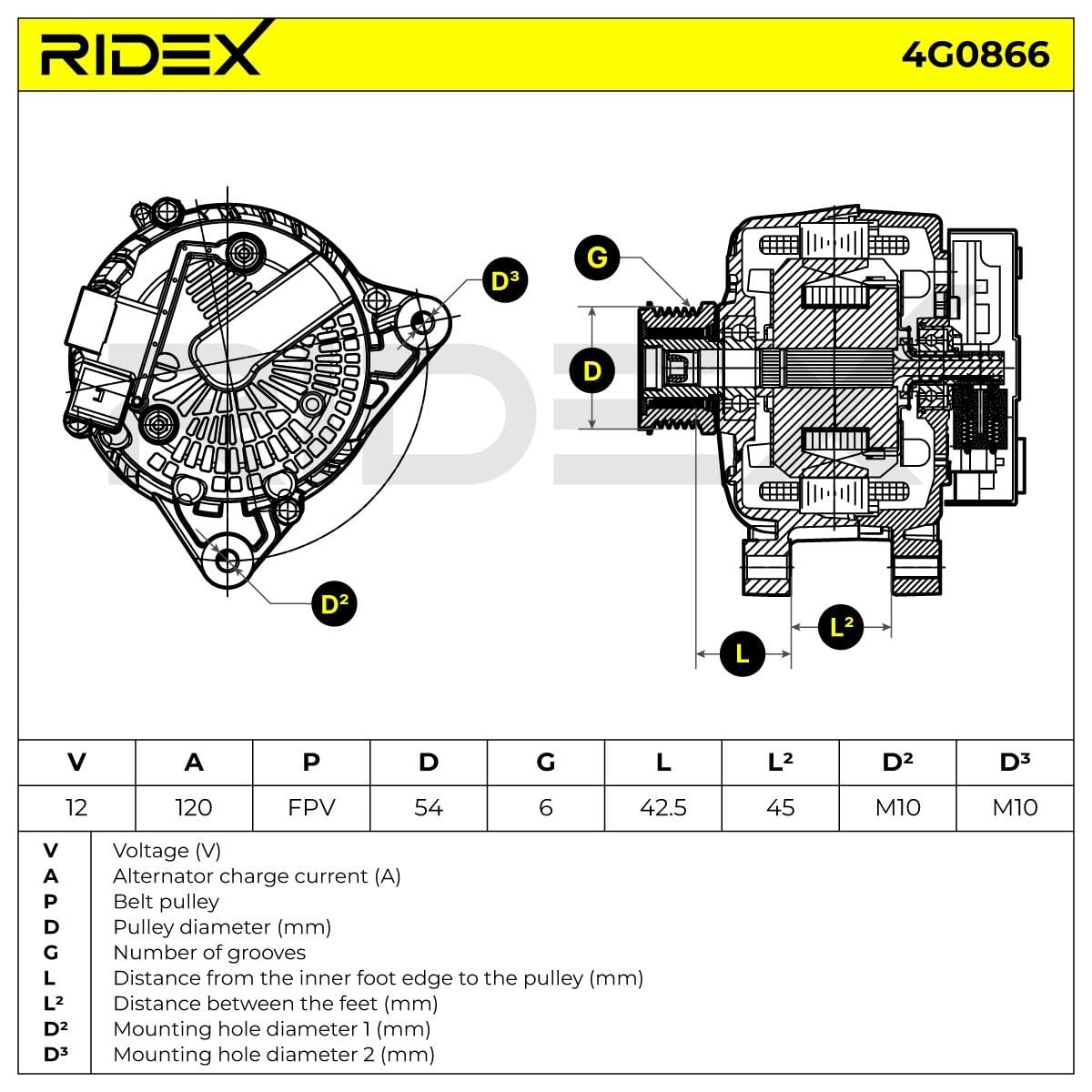 RIDEX Alternateur 14V, 120A, 36001116 1704768 30659389 Compatible avec FORD Fiesta Mk6 3/5 portes JA8, JR8 Kuga Mk2 DM2 Focus Mk3 5 portes DYB Focus Mk3 Break DYB, VOLVO V50 545