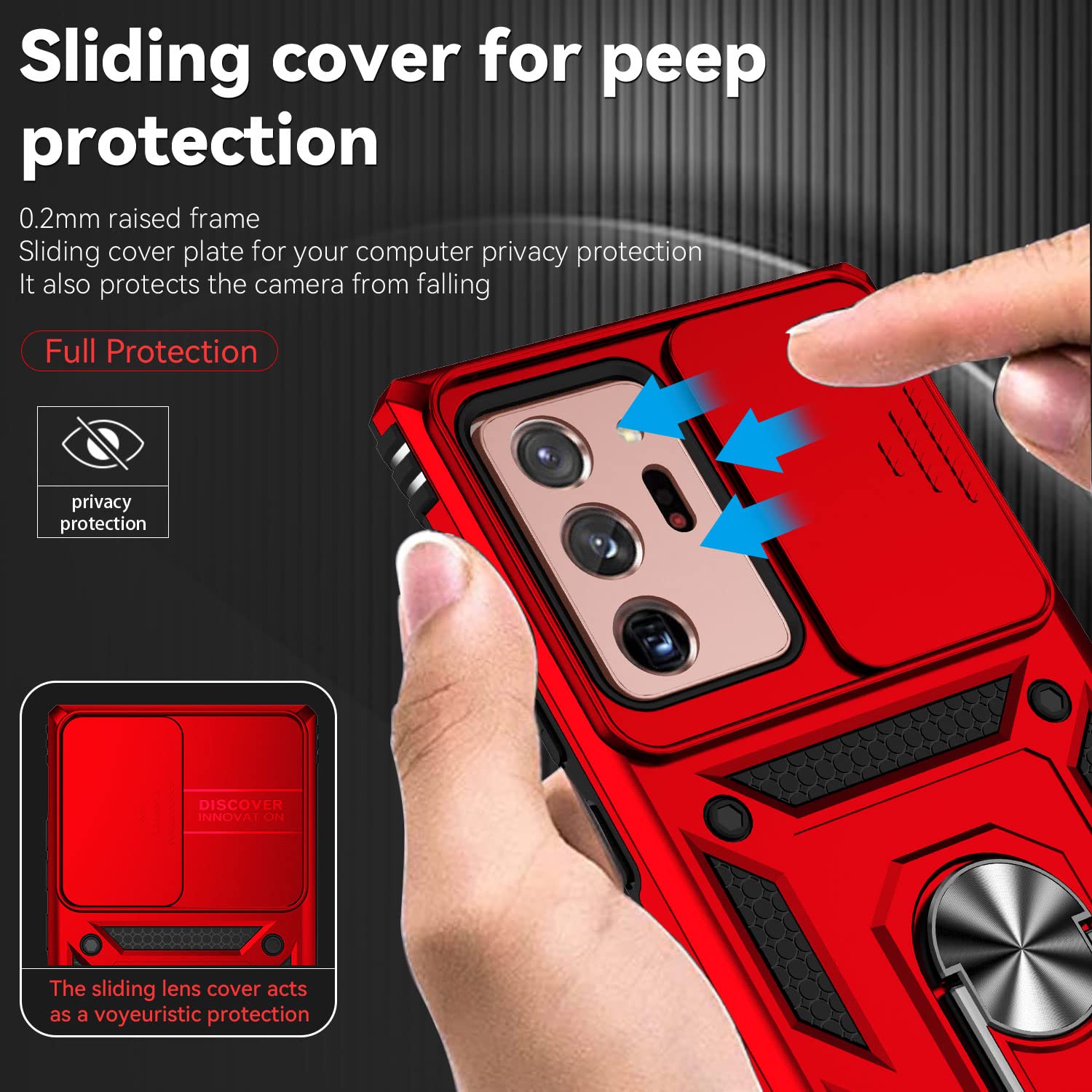 Jiyu Funda Compatible con Samsung Galaxy Note20 Ultra Carcasă Armor Militar Cubierta de Cámara Deslizante Proteger Fundas con 360 Full Protección Anillo Soporte Silicona Estuche Cover Case,Rojo — view 3