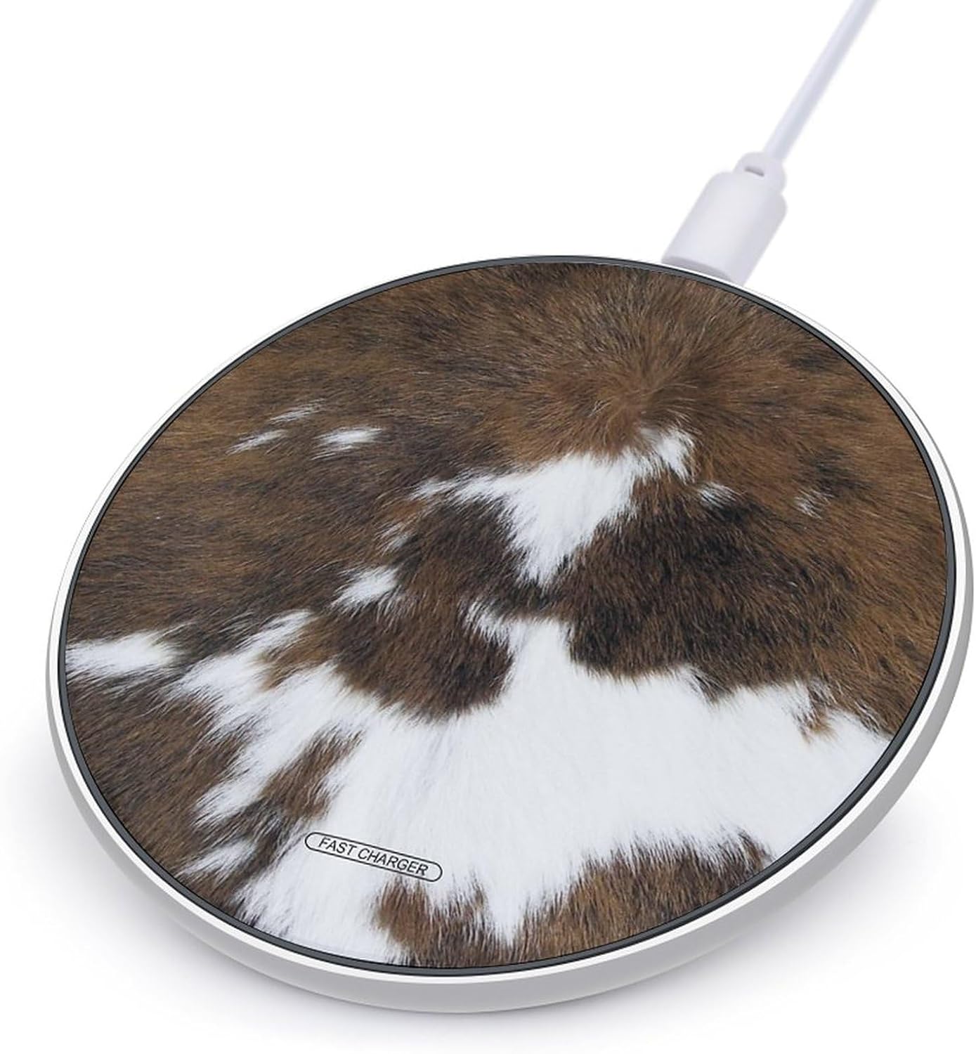 Cowhide Print Charger Pad 10W Round Fast Charging Stand with USB Cable Compatible with iPhone, style