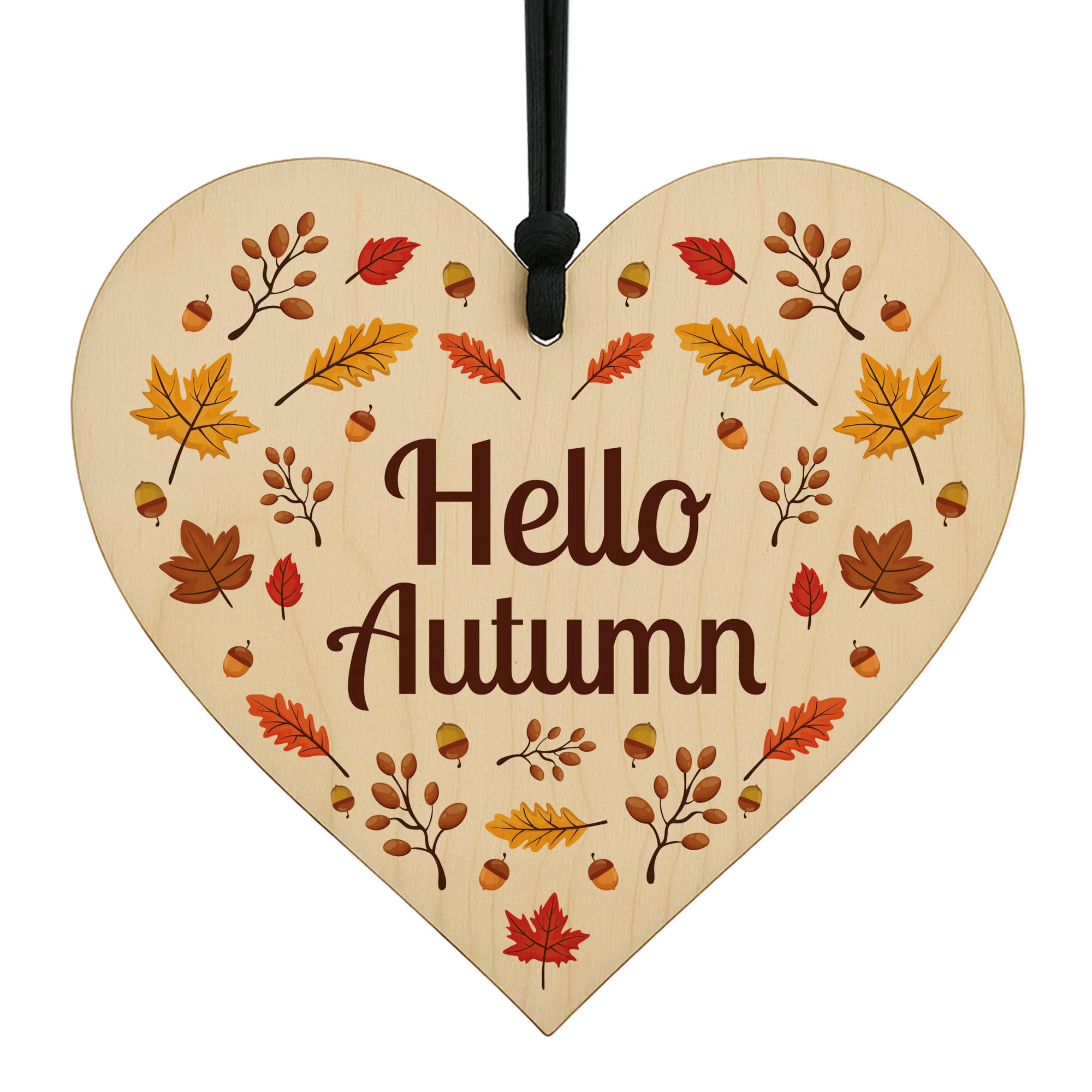 Red Ocean Hello Autumn Decorations Autumn Wooden Heart Hanging Plaque Printed Leaves, Pumpkin, Sign Accessories for Thanksgiving