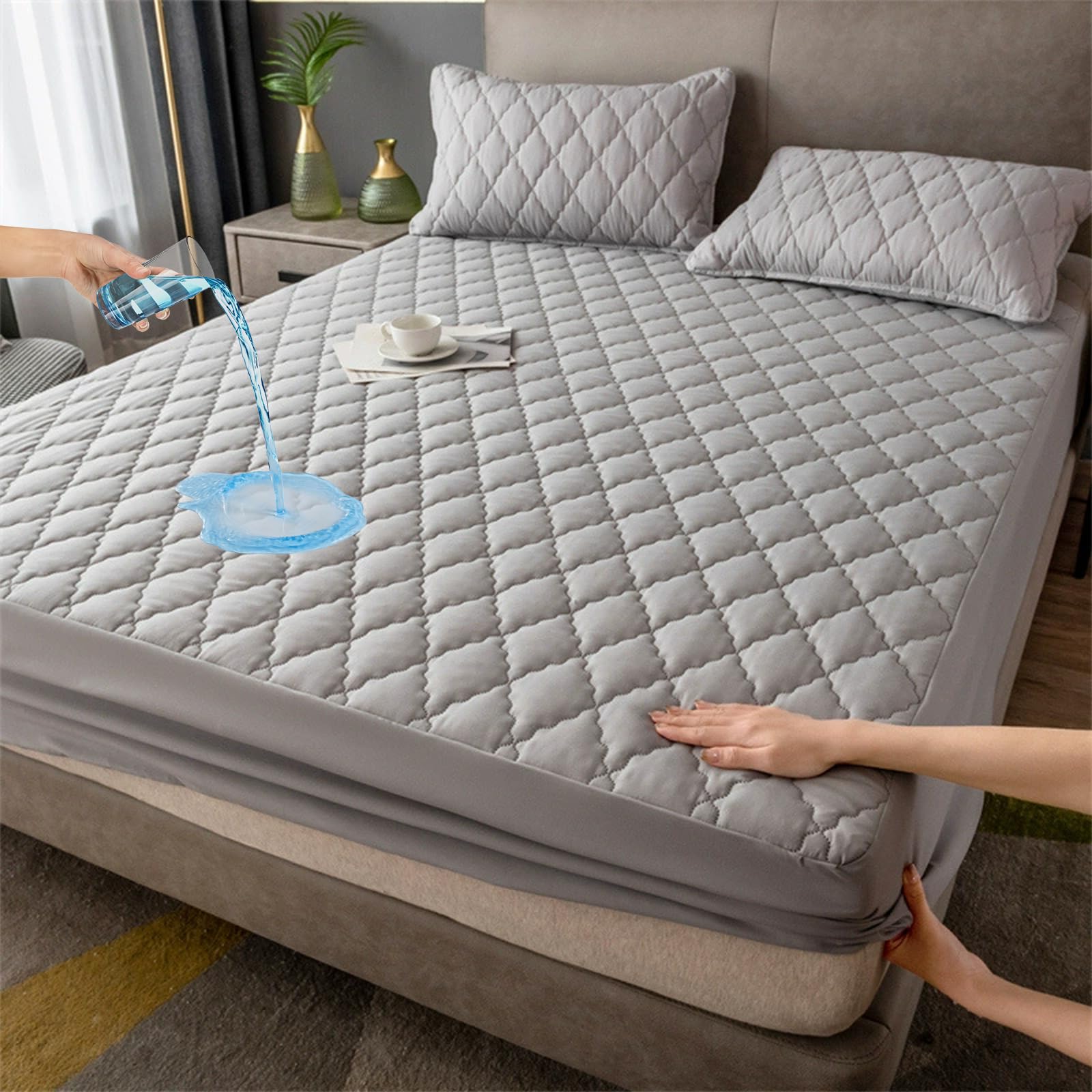 HUAXITRA Waterproof Double Mattress Protector with 30CM Extra Deep Skirt, 4 Layer Super Absorbent Mattress Protector Double Bed, Washable Anti Allergy Breathable Mattress Bed Sheet Covers (135x190cm)