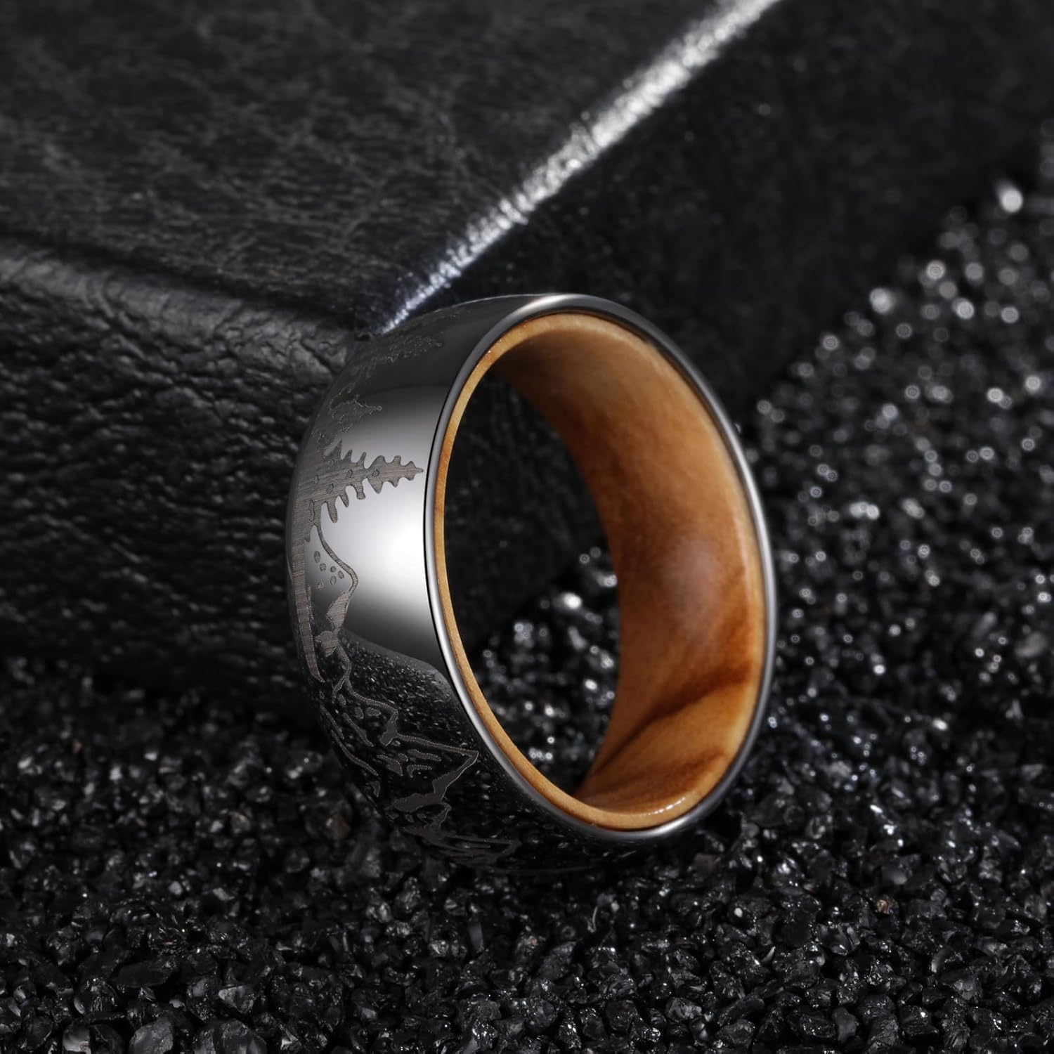Forest Rings for Men 8 mm Black Plated Wedding Band with Wood Liner Comfort Fit - Image 3