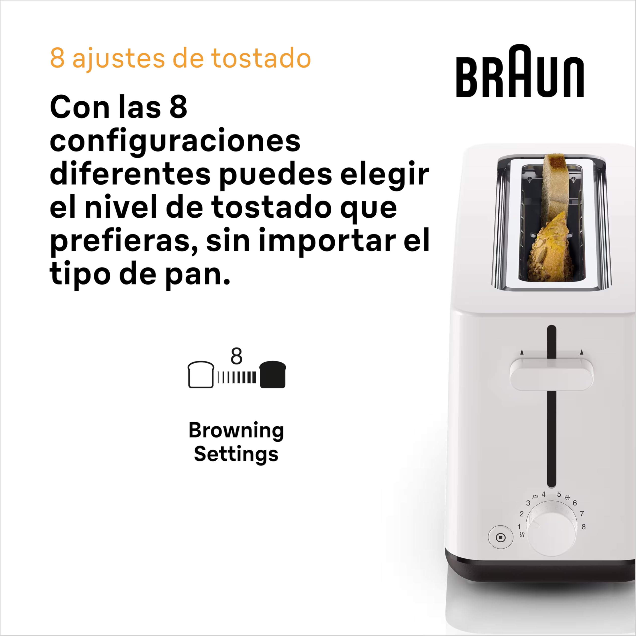 Braun Breakfast 1 HT1110WH, Tostadora con Ranura Extra Larga con 8 Niveles de Tostado, Funciones para Recalentar y Descongelar, Bandeja para Migas, Ranura de 25 cm, Potencia 1030W, Color Blanco