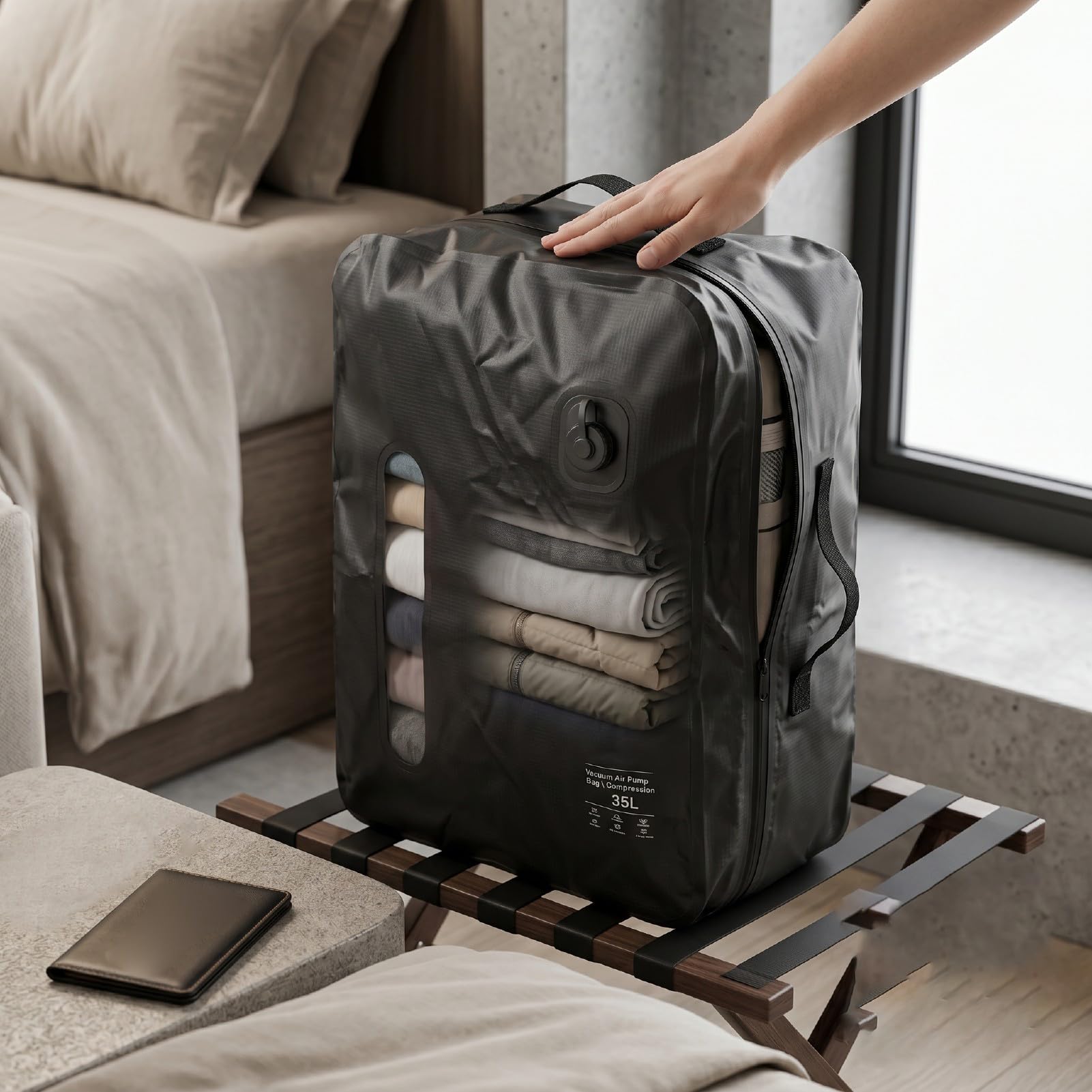banapoy 35-l-Vakuumbeutel für Reisen, Wiederverwendbarer Vakuum-Kompressions-Reisebeutel, Beutel mit Automatischer Pumpversiegelung, Platzsparende Aufbewahrung für Handgepäck-Rucksack (GRAY)