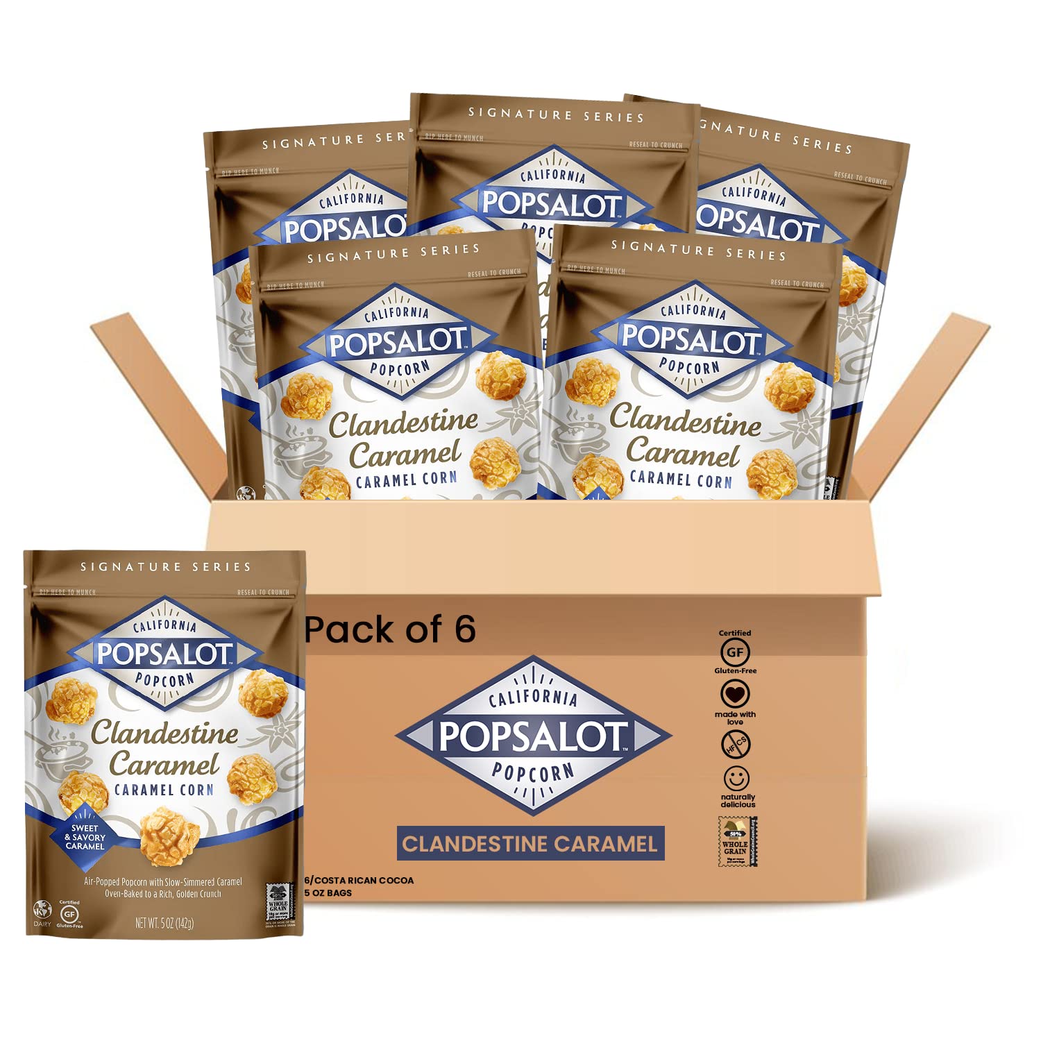 Popsalot - Gourmet Popcorn | Caramel Corn | Flavored Popcorn | Oven-Baked | Gluten-Free | Air-Popped | Oil-Popped (Clandestine Caramel Corn, Pack of 6)