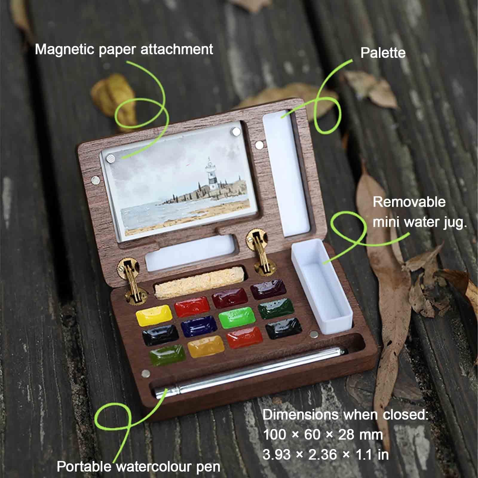 12 Farben Mini Aquarell Set Walnuss Tragbar Aquarell Set Unterwegs Portioniert Solide Aquarellfarben Für Zugreisen(12-colour A)