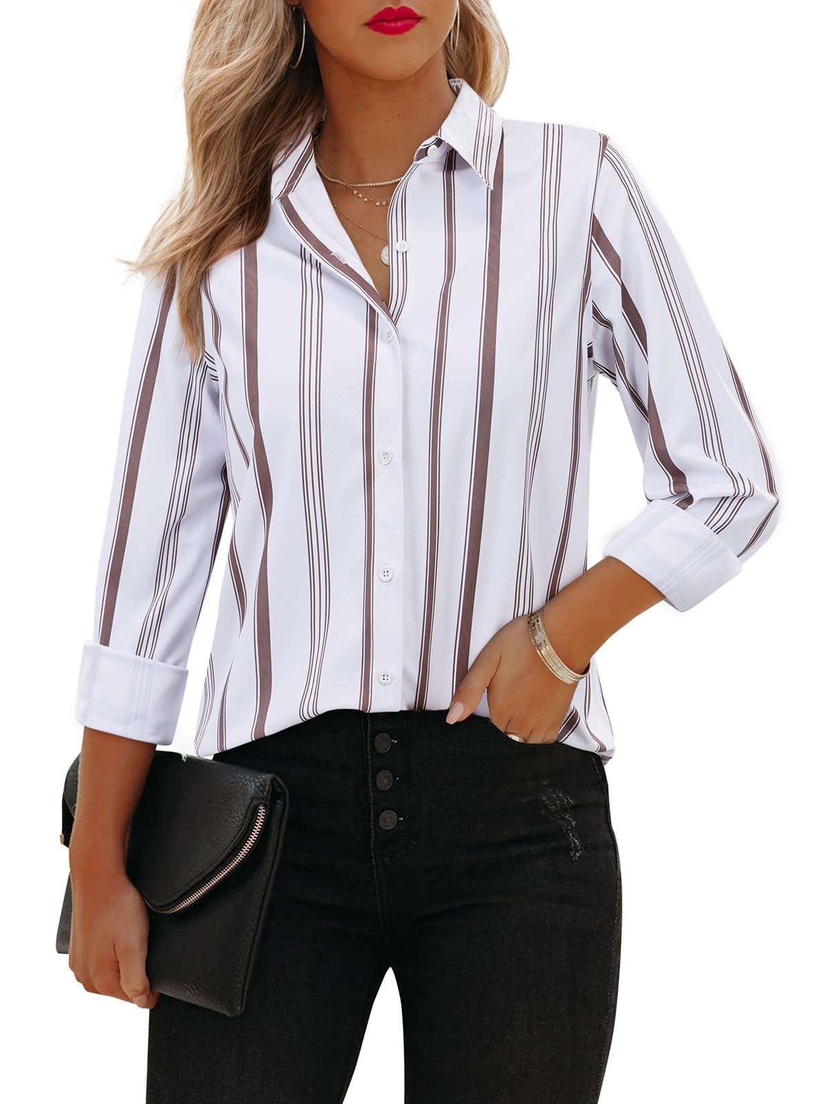 Striped Button Down Shirts for Women Cotton Dress Shirt Long Sleeve Collared Blouse Tops Business Office Attire