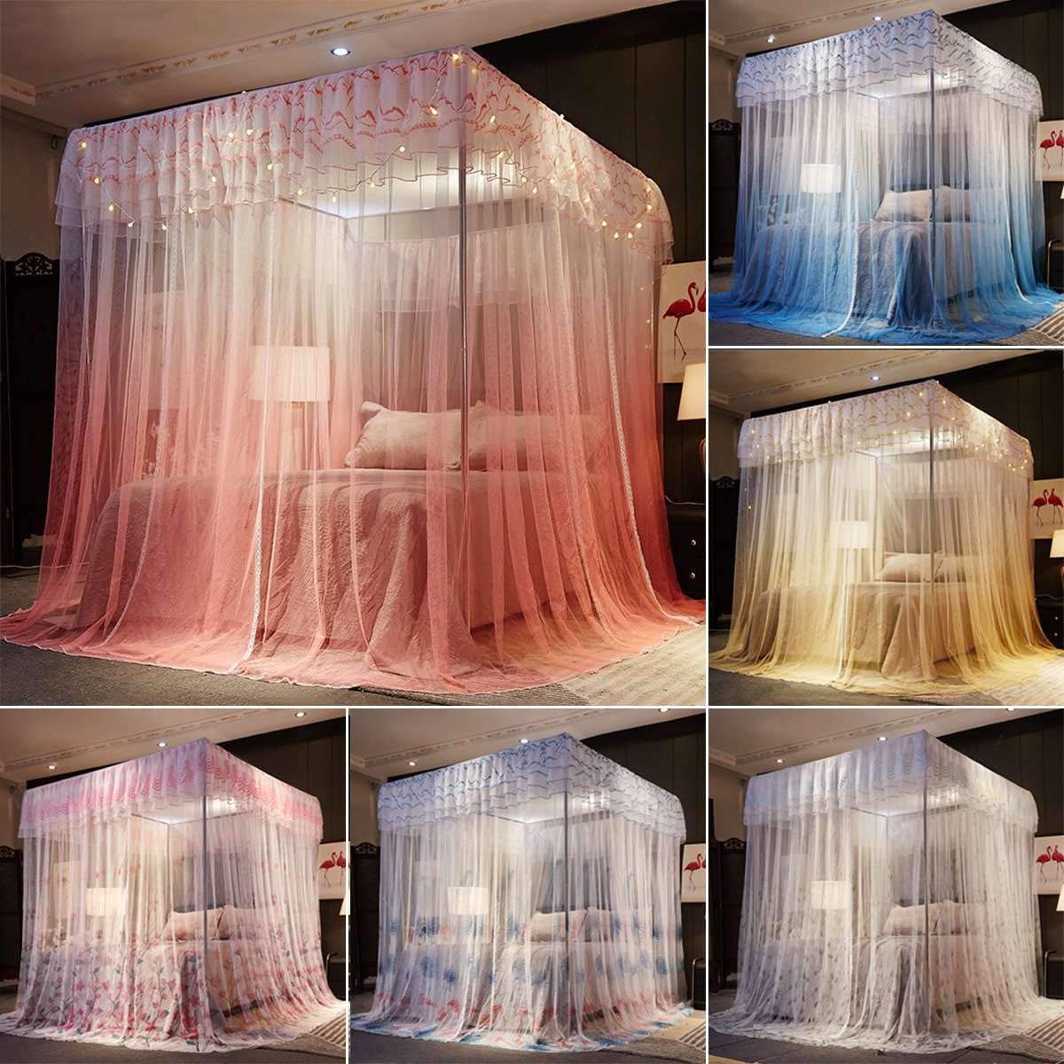 Couleurs lit Double à baldaquin Hung moustiquaire Princesse lit Tente Rideau Pliable Canopy sur La Fée Lit Dentelle élégante (Color : E)
