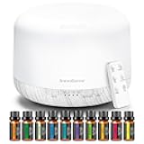 Aromatherapy Diffuser & 10 Essential Oils Set, 500ml Essential Oil Diffuser with Remote Control Ultrasonic Cool Mist Scent Humidifier Vaporizer Auto-Off Timer for Room Office Home, White