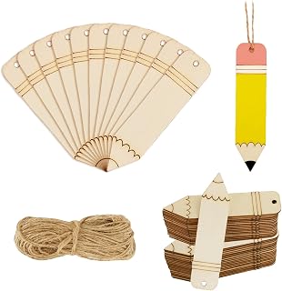 Whaline 20Pcs Back to School DIY Craft Cutout Wooden Pencil Shaped Hanging Ornaments Back to School Craft Cutout with Hemp Rope for First Day of School Classroom Party Decorations Supplies