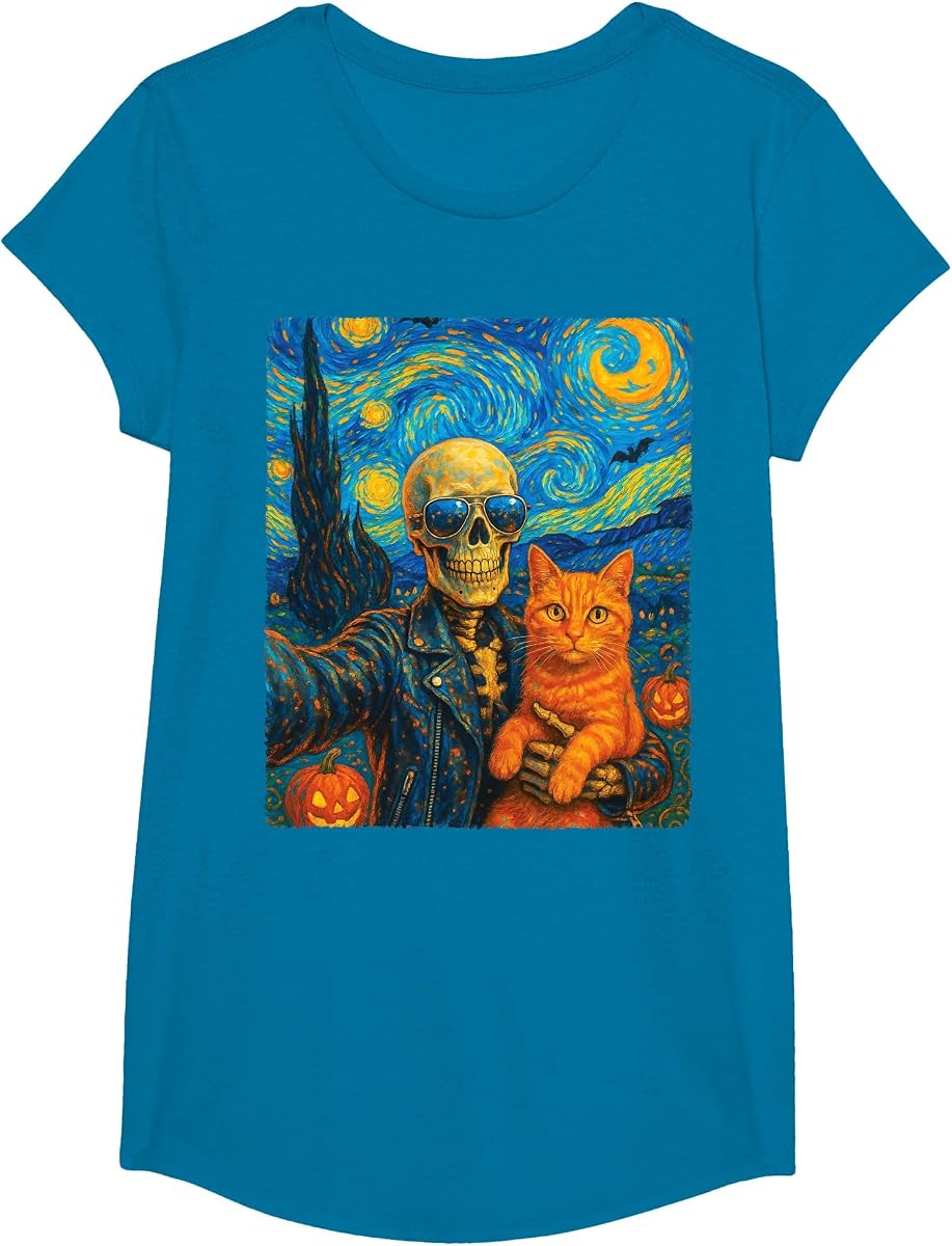 Halloween Van Gogh Starry Night Skeleton Selfie Orange Cat T-Shirt