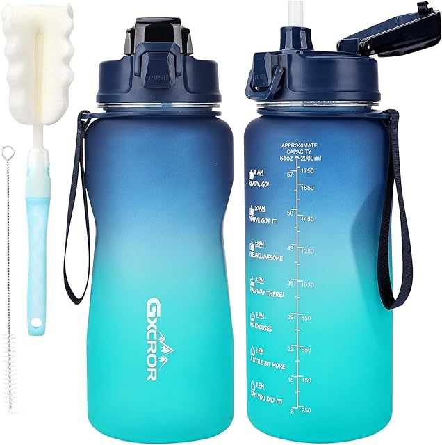 GXCROR 2 Litre Water Bottle,Water Bottle 2L BPA Free Leakproof Dishwasher Safe Motivational Sport Gym Large Intake Bottle with Straw&Time Marking