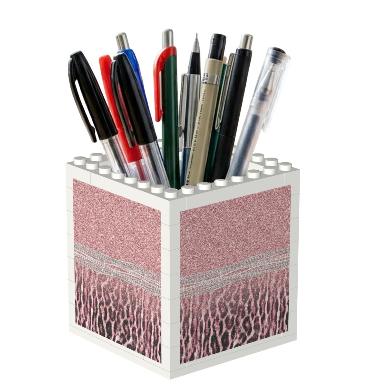 Poadnly Chic Girly Pink Leopard Animal Print Glitter, Pen Pot Pencil Holder for Office Home School, Compact Desk Organiser for Office Stationery