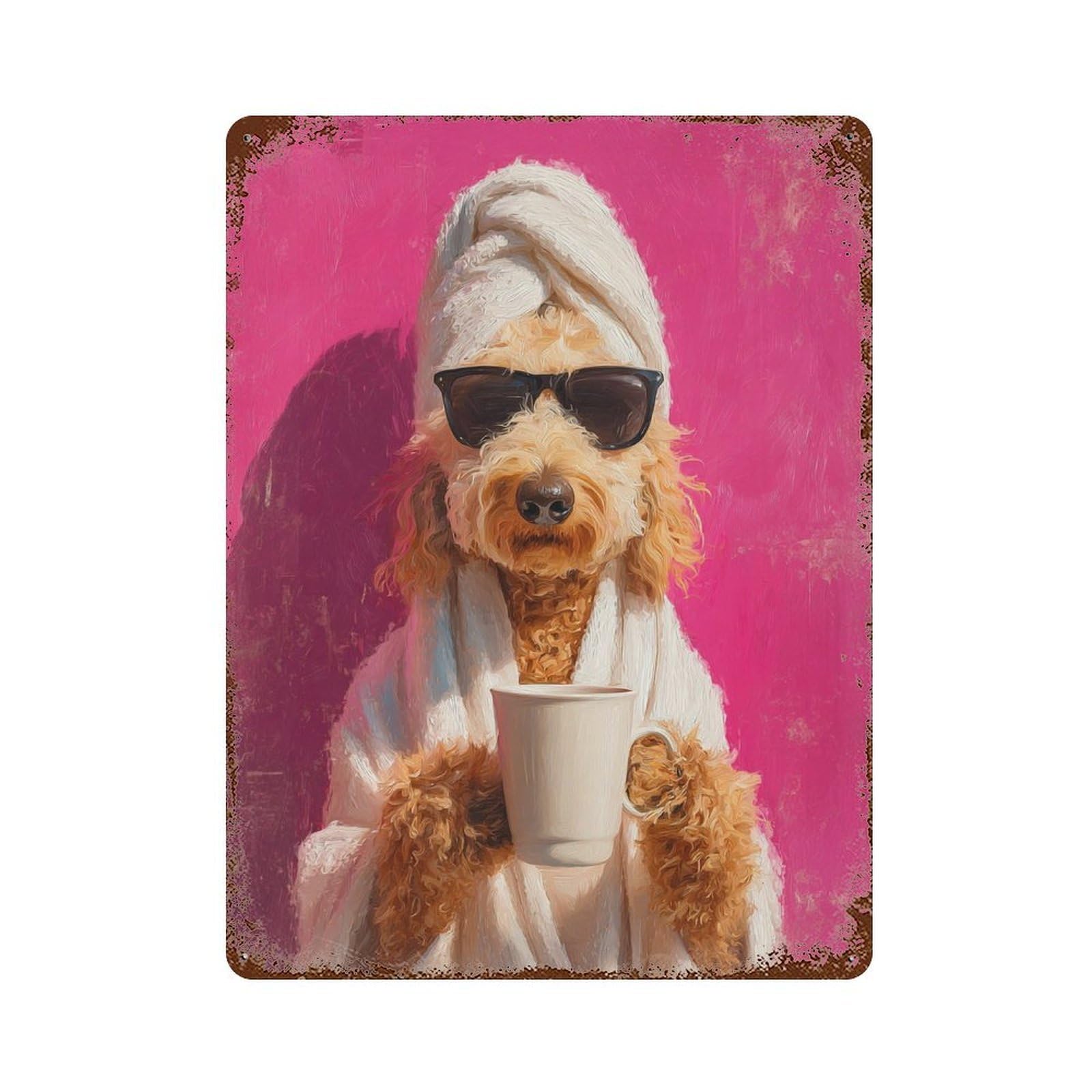 Chill Pup with Coffee Mug -1 15.7"x11.8" Vintage Rust Metal Sign, Decorative Metal Wall Art for Bistro, Counter And Cafe Decor