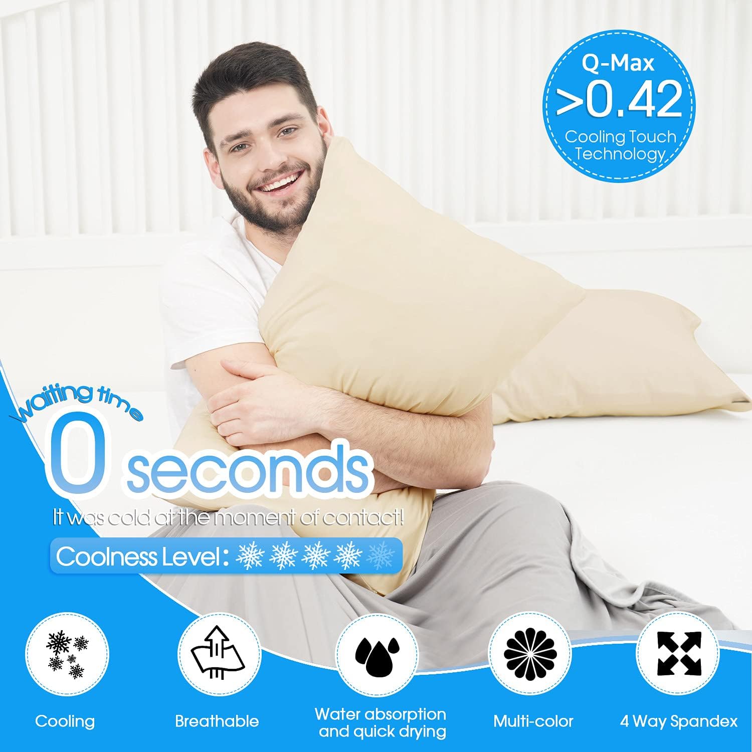 BORPRES Cooling Pillowcase,Japanese Chill-Plus Tech,Q-MAX>0.43 Cooling Fiber, Absorbs Heat Keep Cool,Double Sided Design,Idea for Hot Sleeper Night Sweats All Seasons King Size,Khaki