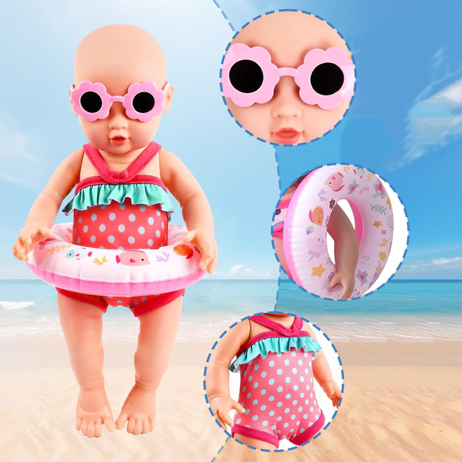 Schwimmset für Puppen, Sommer Puppenkleidung, Puppenzubehör mit Badeanzug Schwimmring Sonnenbrille Clogs für 35-45 cm Puppen (A)