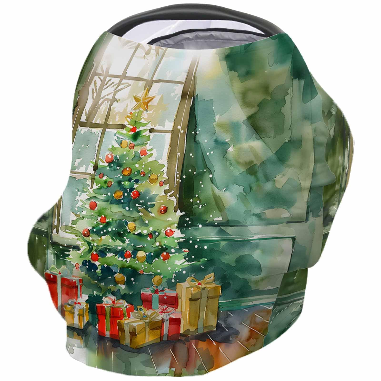 Nursing Cover for Breastfeeding Scarf, Green Ink Painting Xmas Tree Window View Baby Car Covers Super Soft Multi Use for Canopy Shopping Cart Cover Blanket Stroller Cover