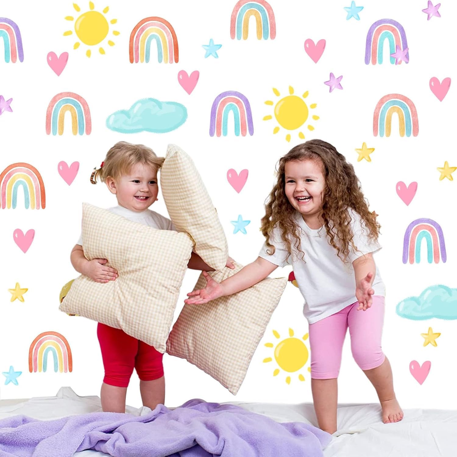 Rainbow Wall Decor Stickers Small Rainbow Decal Watercolor Heart Star Sun Wall Stickers Decor for Girls Boys Baby Bedroom Nursery Playroom Party Sticker - Image 2