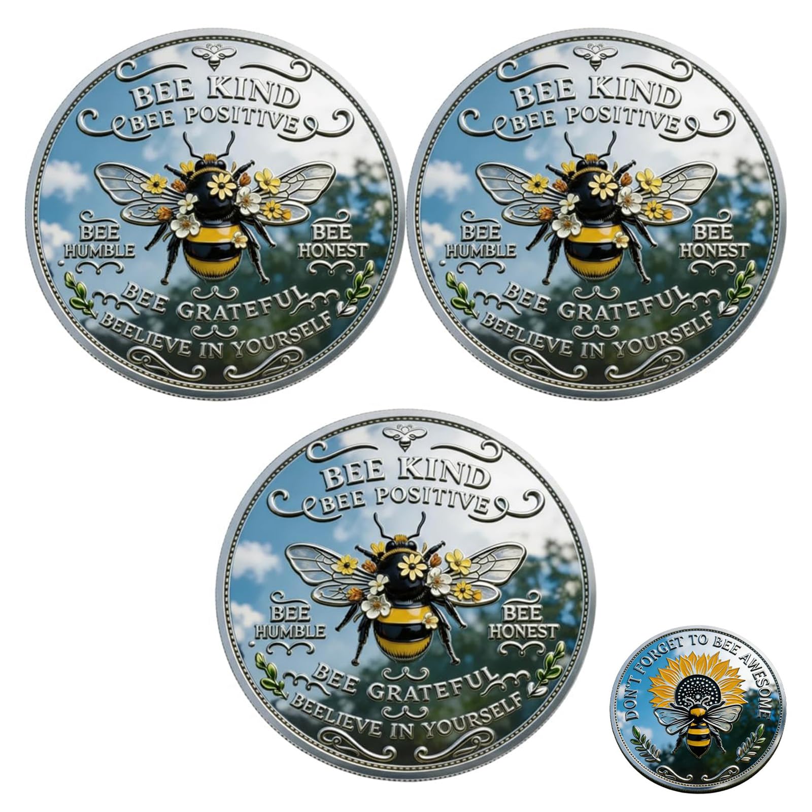 Moneda de positividad tipo abeja, ficha de abeja inspiradora de doble cara con diseño de girasol y laurel, moneda de desafío motivacional para la afirmación diaria (3pcs)