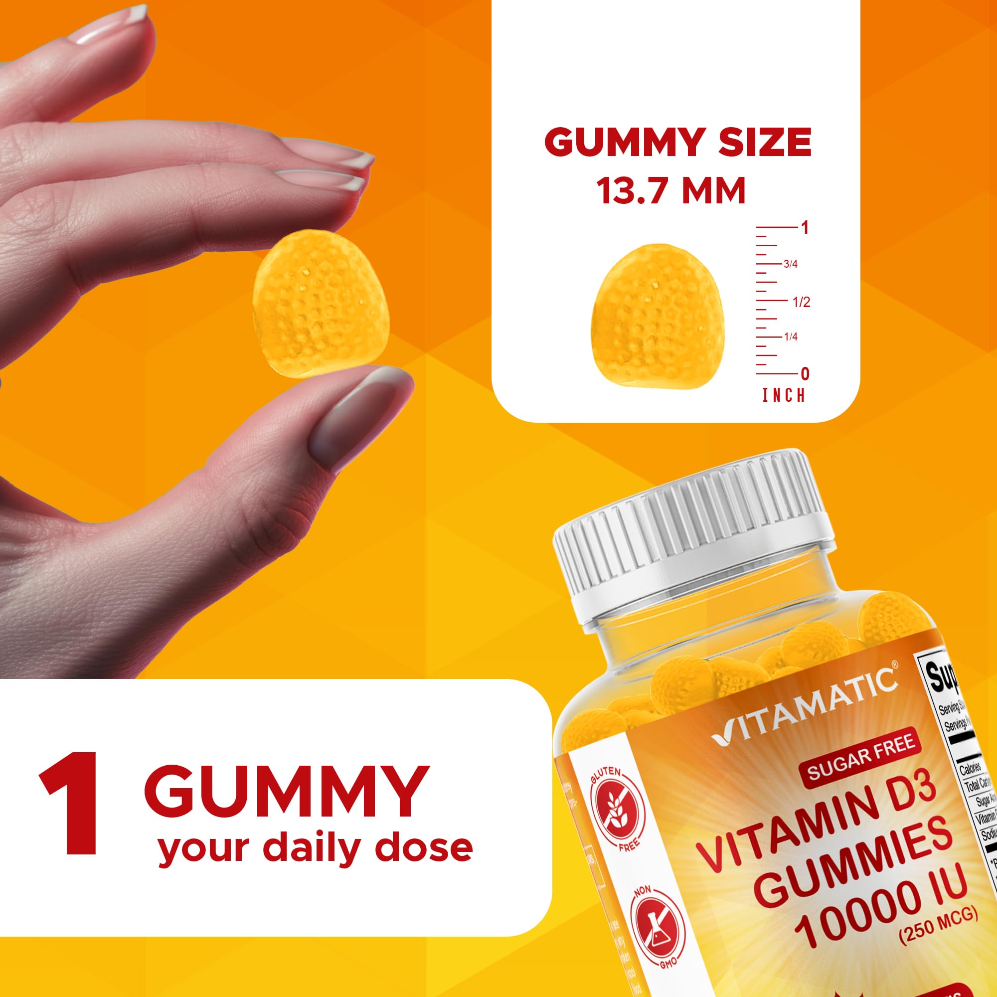 Vitamatic Sugar Free Vitamin D3 10000 IU - 120 Pectin Based Gummies - Great Taste - Healthy Bones, Mood & Immune System Function - Non-GMO - 120 Servings — Amazon image 3