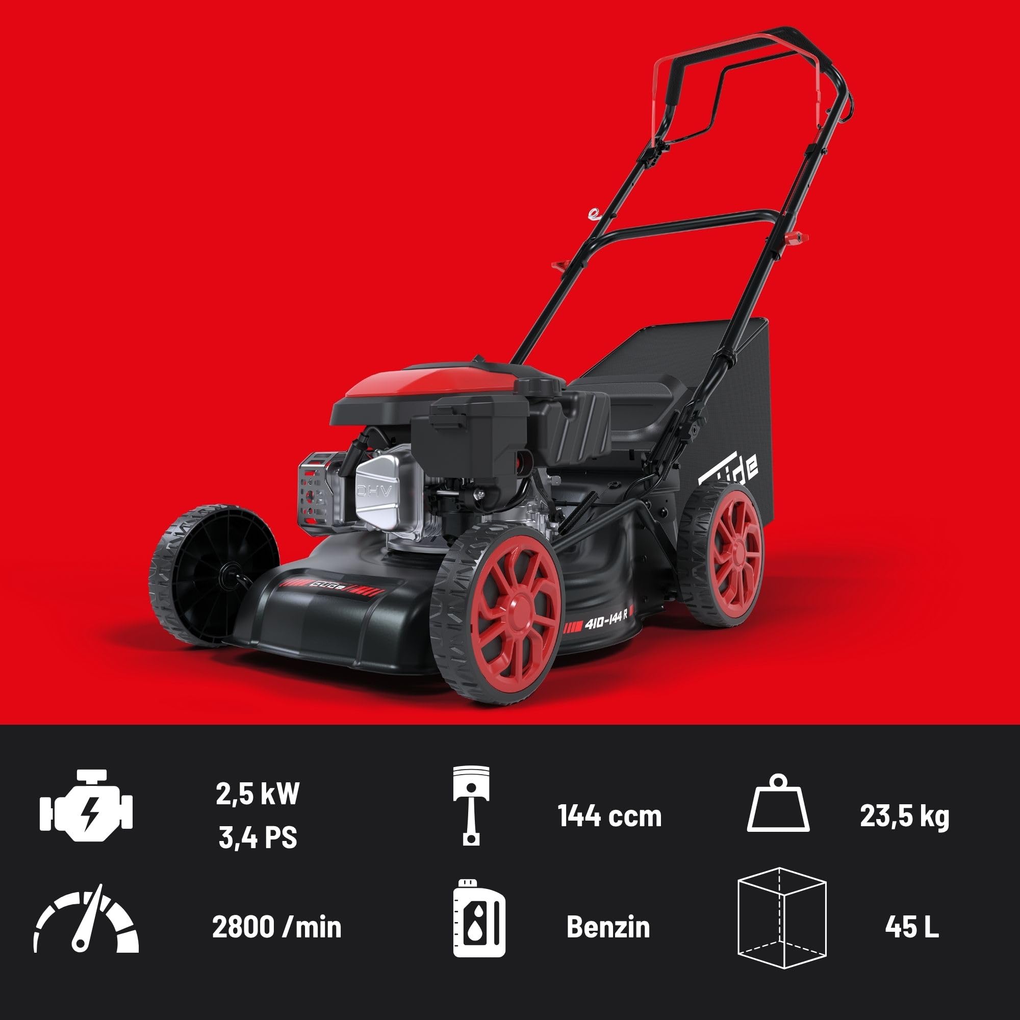Güde EW 410-144 R Eco Wheeler - Cortacésped de gasolina - Motor de 4 tiempos, cilindrada de 144 centímetros cúbicos, 2,5 kilovatios, 3,4 CV, ancho de corte de 41 centímetros, ajuste de altura de corte