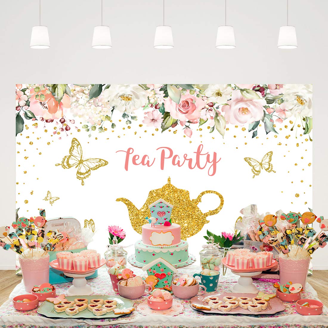 5x3ft Let's Partea Backdrop for Photography Pink and Gold Floral Tea ...