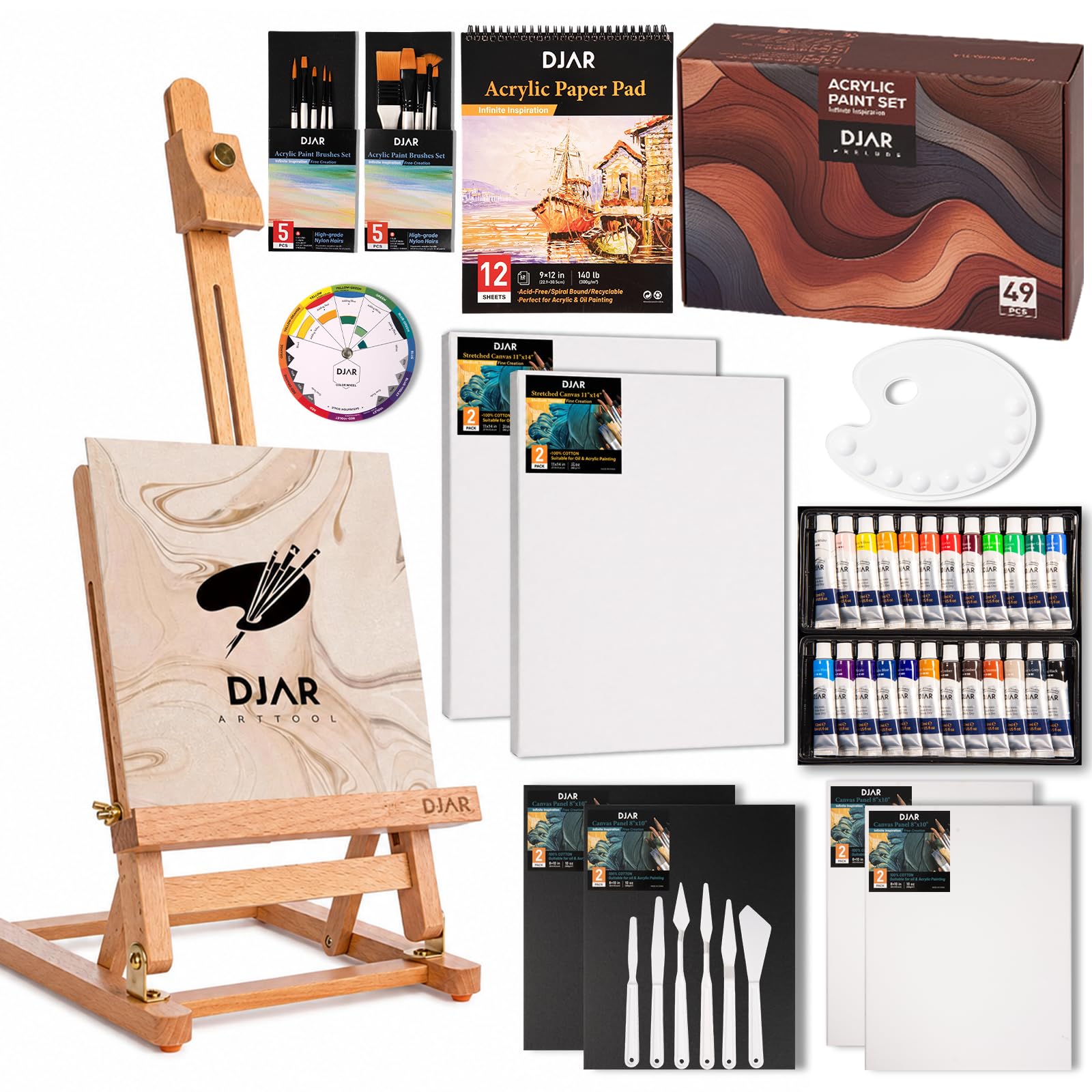 DJAR 49-teiliges Acryl Malset mit 64 cm Tischstaffelei, Verstellbares Buchenholz Malset mit 24 Farben, Leinwänden und Palette für Künstler