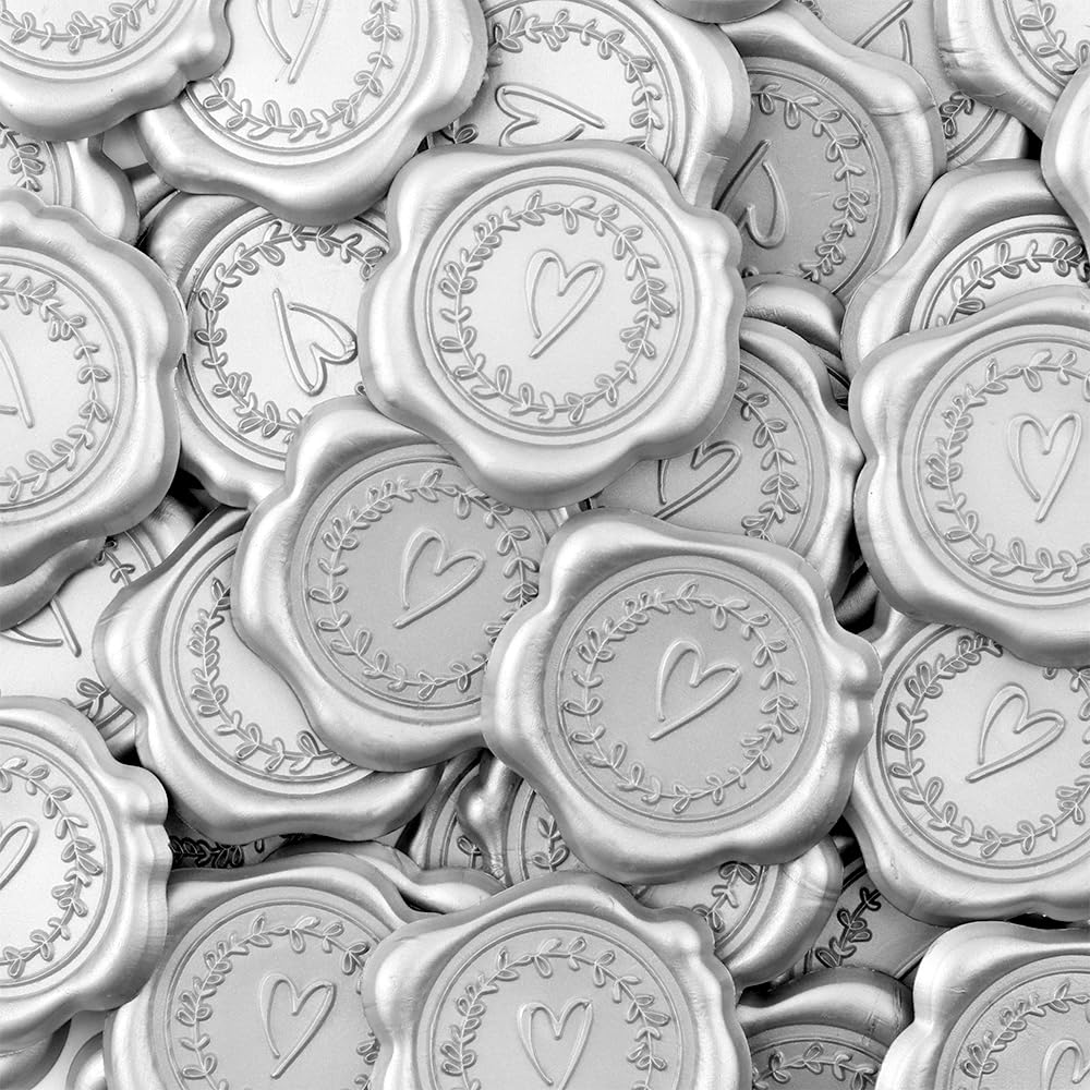 Aiviman 50Pcs Embossed Wax Seal Stickers,Silver Heart with Olive Branch Self Adhesive Envelope Seal Stickers,Great for Gift Wrapping,Wedding