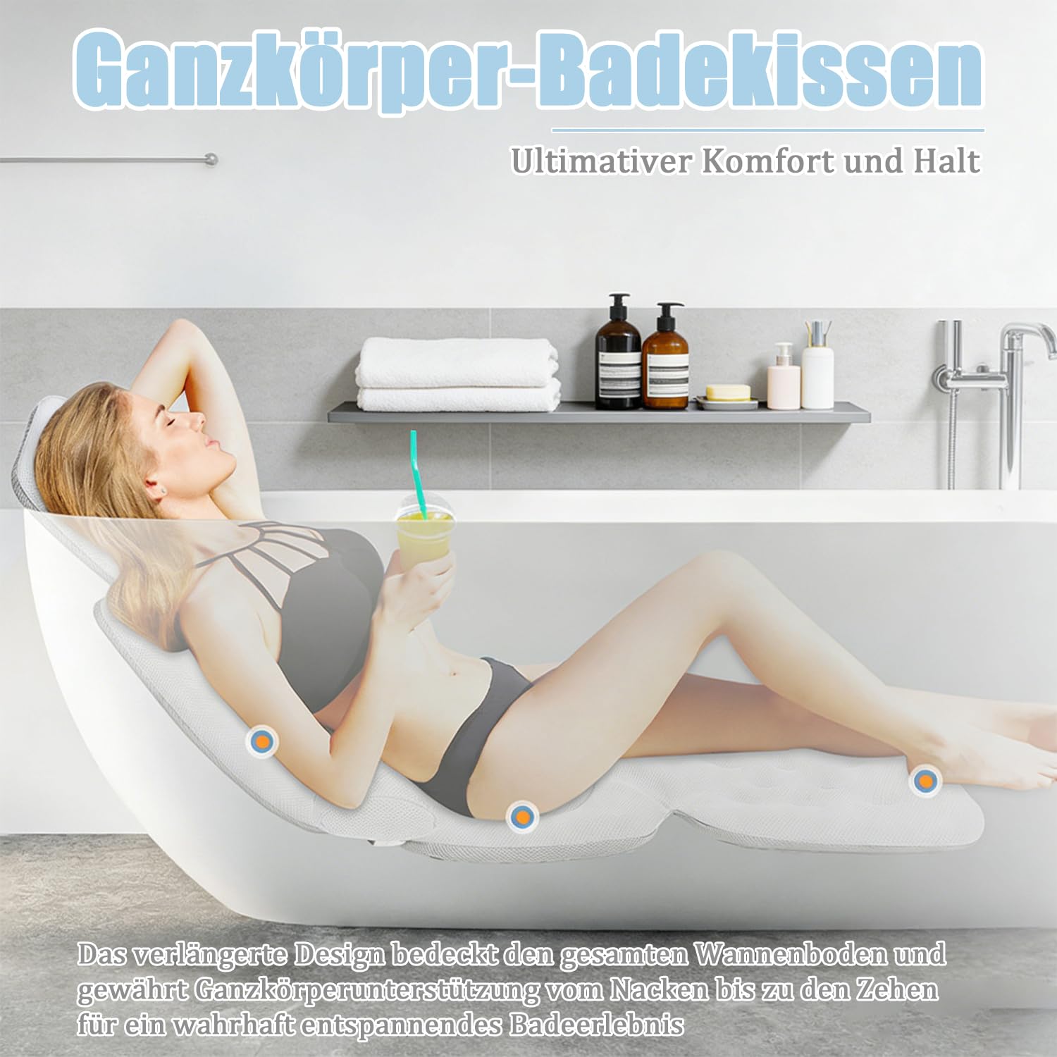 Badewannenkissen Ganzkörper, Badewannenmatte mit Kissen und Lendenwirbelstütze, mit Saugnäpfebad Anti-Rutsch und Hängehaken, Schnelltrocknend, Badekissen für Badewanne, 133x40cm