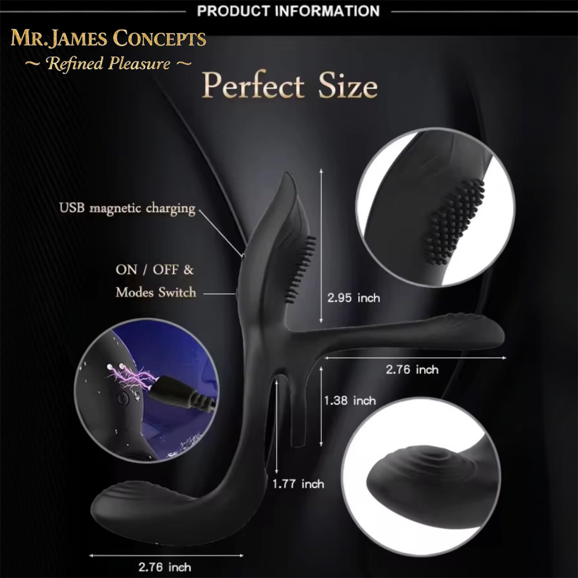 Mr. James Concepts – Stimolatore prostatico with Dual Ring – USB Magnetic Ricaricabileee maschile Vibrator, 10+10+10 modalità, Stretchable silicone, impermeabile, telecomando, Fits All