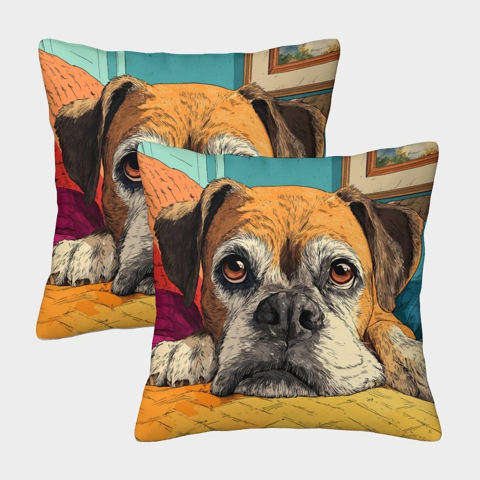 kaiyun 2 Pack Boxer Dog Illustration Pillow Case Home Decoration Sofa Cushion Cover 40x40cm