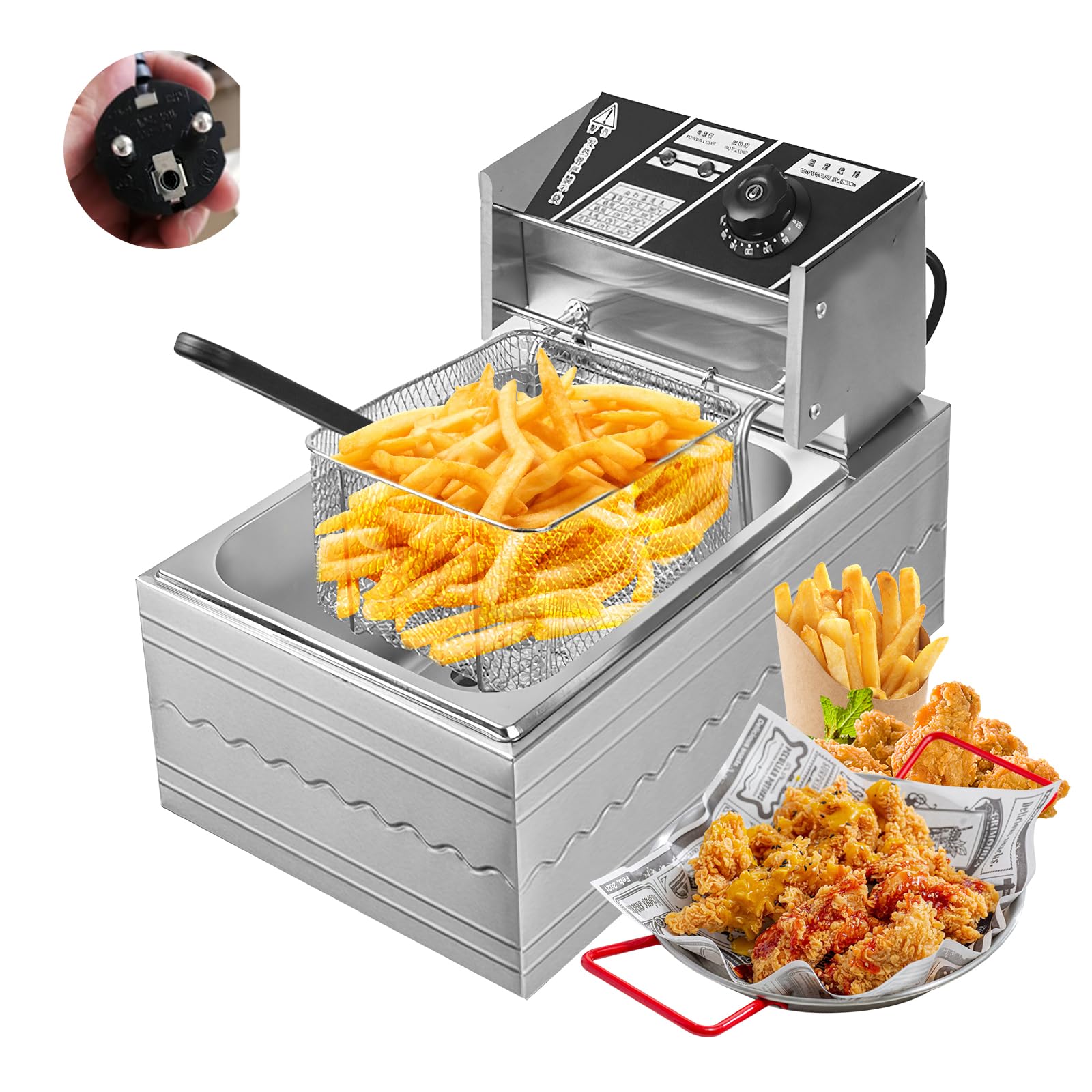 Friteuse commerciale 6L 2500W, friteuse à gaz professionnelle | en acier inoxydable - panier amovible - température réglable,avec paniers filtrants, couvercle,pour usage commercial et privé