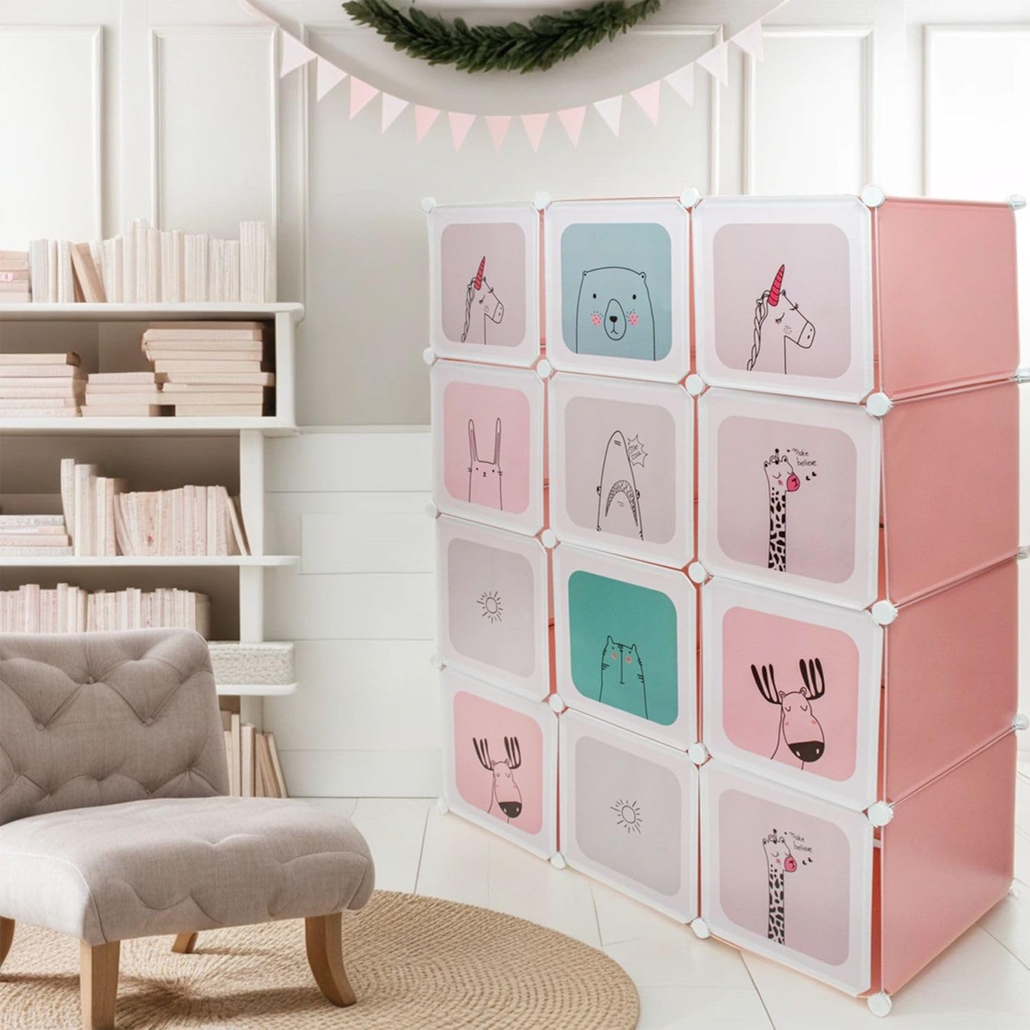 INTIRILIFE Kleiderschrank DIY Steckregal mit 12 Türen für Kinder in Pink - Aufbewahrungsschrank Regal Würfel mit 2 Kleiderstangen individuell aufbaubar