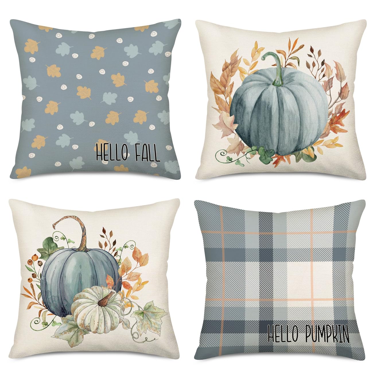 Fukeen Hello Fall Pumpkin Pillow Covers Set of 4 24x24 Inch Fall Decor Blue Buffalo Plaids with Autumn Maple Leaves Throw Pillow Cases Pumpkins