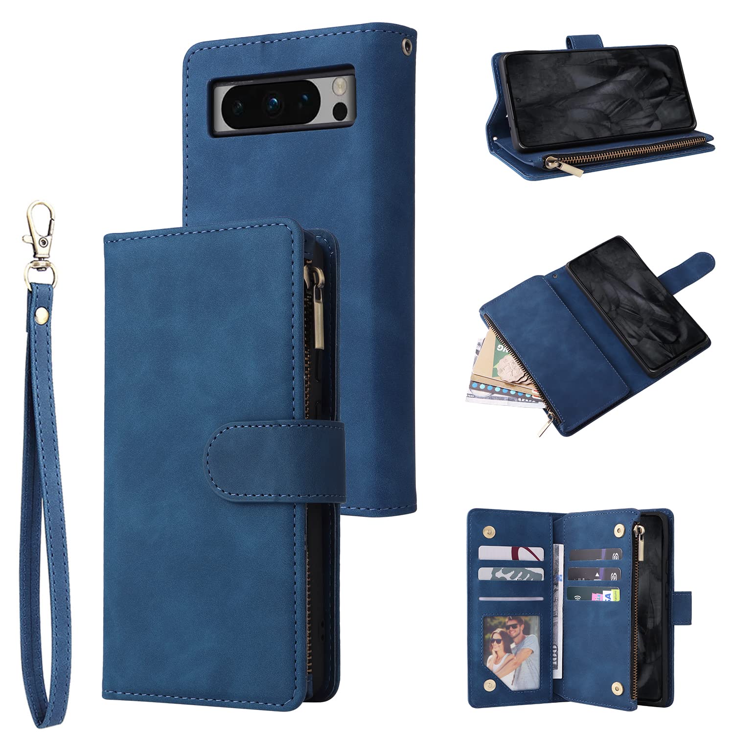 Unichthy For Google Pixel 8 Pro Zipper Case 6 Card Slots with Strap Shockproof Leather Flip Wallet Handbag Zip Pocket Phone Cover Stand Folio Magnetic Purse for Google Pixel 8 Pro Blue