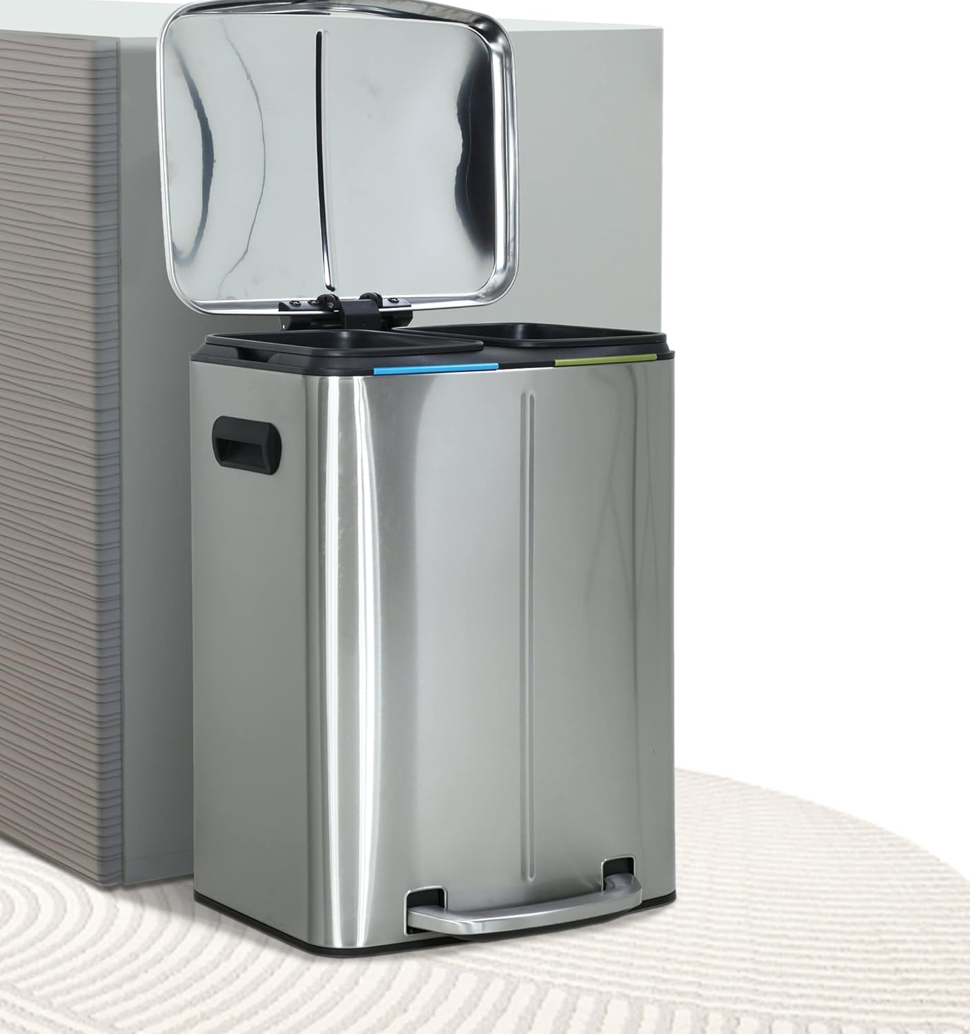 10 Gallon Dual Trash Can, Classified Recycling Bin for Kitchen Recycling and Trash, Double Compartment Trash Can Rubbish Bin with Lid, Plastic Inner Buckets, Stainless Steel, Soft-Close, Airtight