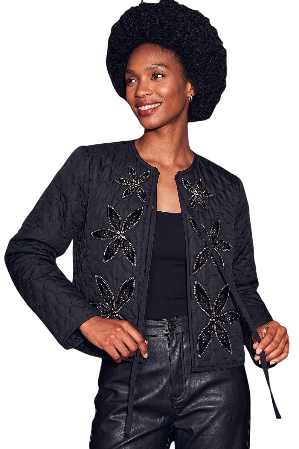 Roman Originals Quilted Velvet Trim Jacket for Women UK - Ladies Everyday Autumn Winter Round Neckline Comfy Soft Evening Vacation Work Party Night Out