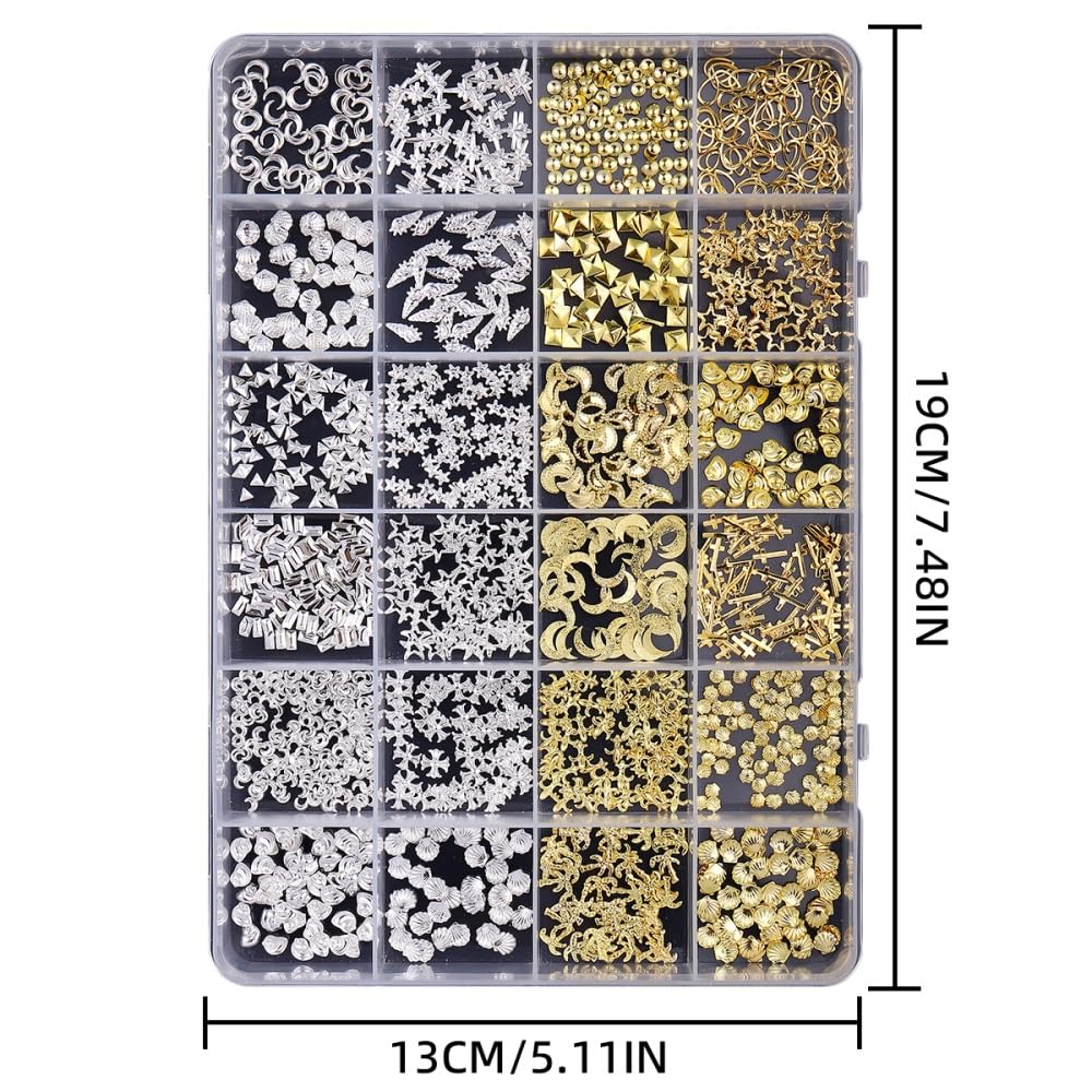 1 scatola oro argento ciondoli per unghie 3D in lega fiore gemme per unghie in metallo luna stella gioielli per unghie multi-forme oceano spiaggia stella marina conchiglia forniture per nail art con