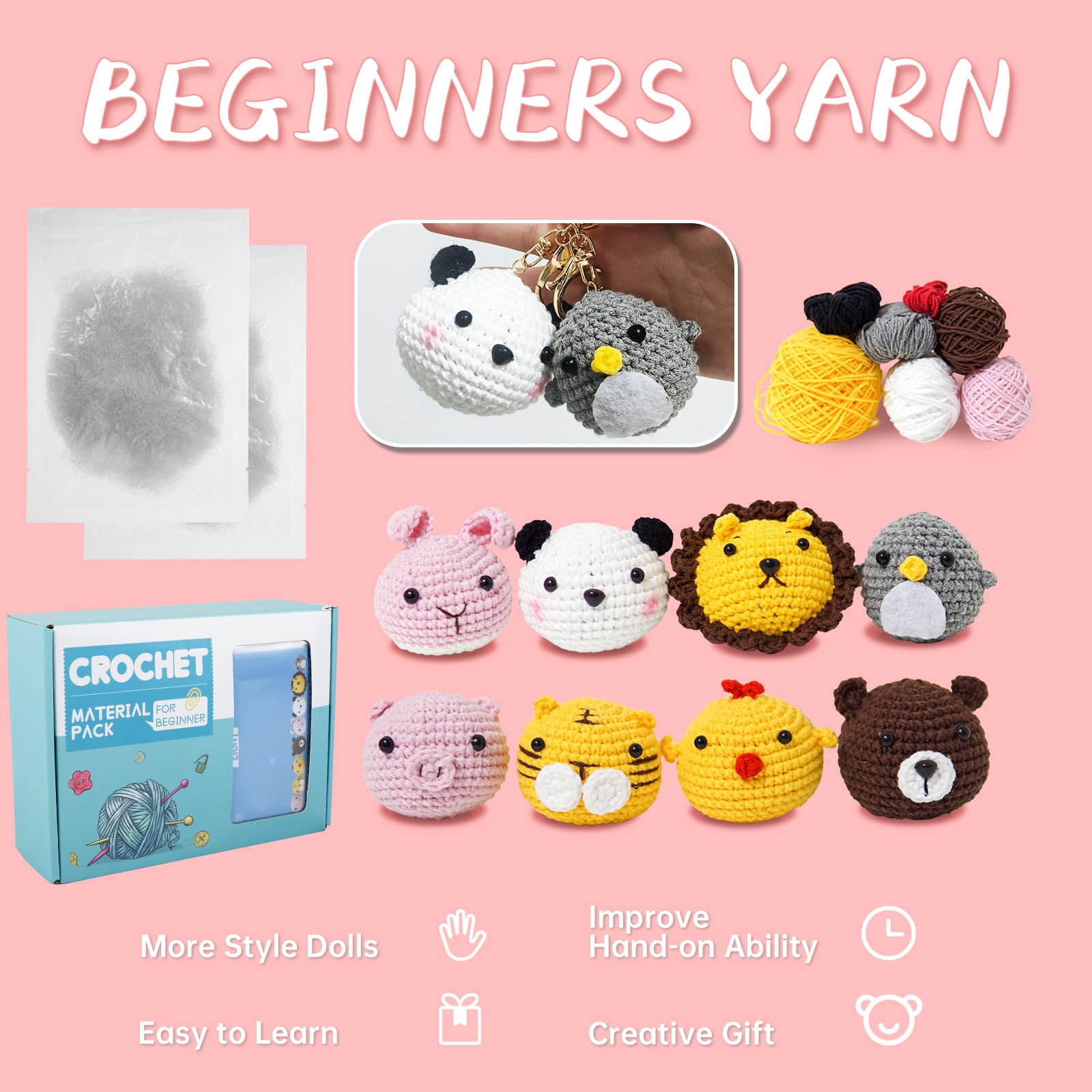 Crochet Starter Kit For Beginners - Learn To Make 4 Animals (Dragon, Bee, Octopus, Crab) With Video Tutorials