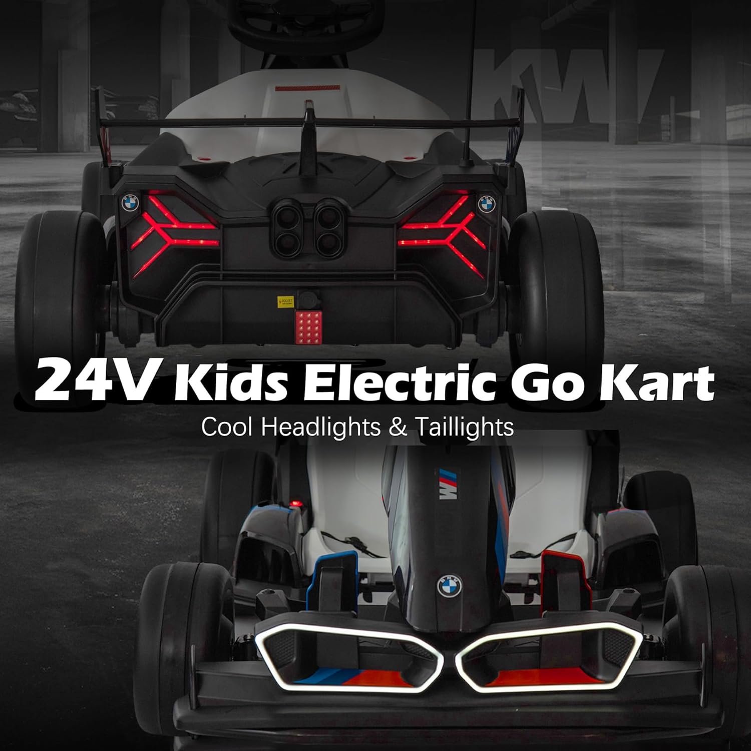 Licensed BMW Electric Go Kart, 24V Drift Kart with 400W Motor, Outdoor Driftable Kids Race Pedal Go Karting Car w/Adjustable Seat, Lights, for 6 Years Old, Black