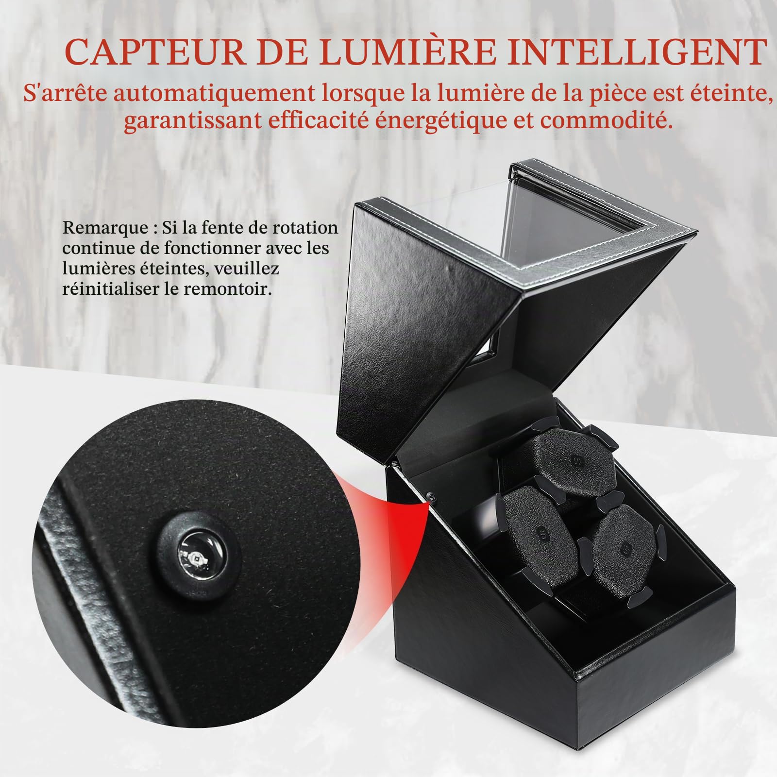 Remontoir Automatique pour 3 Montres avec Capteur de Lumière Intelligent, 2 Modes de Rotation, Coussins en Mousse à Mémoire de Forme, Remontoir Rotatif Automatique, Extérieur en Simili Cuir