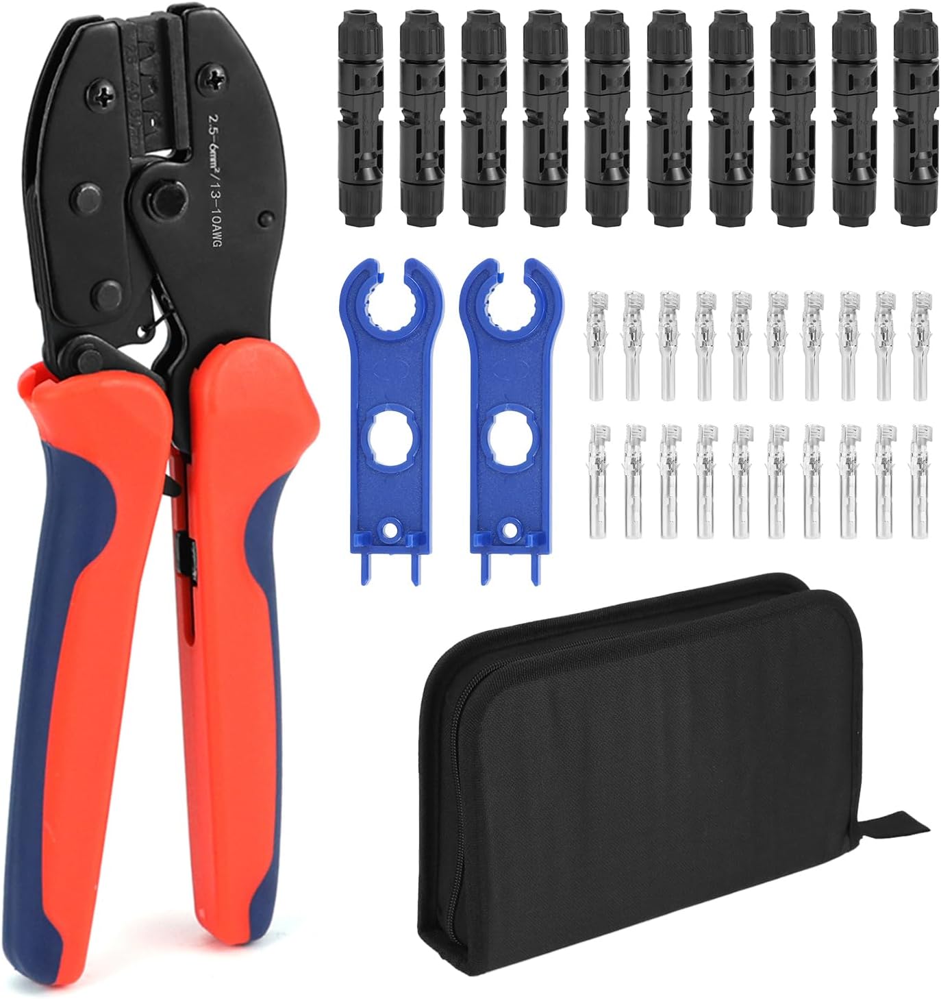 QWORK Solar Crimper Tool Kit - 13 Piece Set with High-Carbon Steel Crimper, Solar Connectors, Spanner Wrenches, and Durable Zipper Case for Solar Panel Cable Assembly