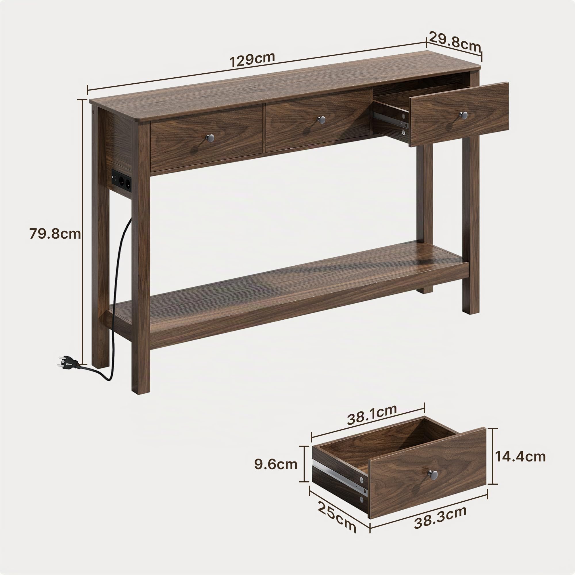 Xbro Mesa de Consola con Tomas de Corriente, Mesa de Pasillo con 3 Cajones y Estante, Mueble Recibidor Entrada para Entrada, Pasillo,Salón,130 x 30 x 80 cm,Marrón