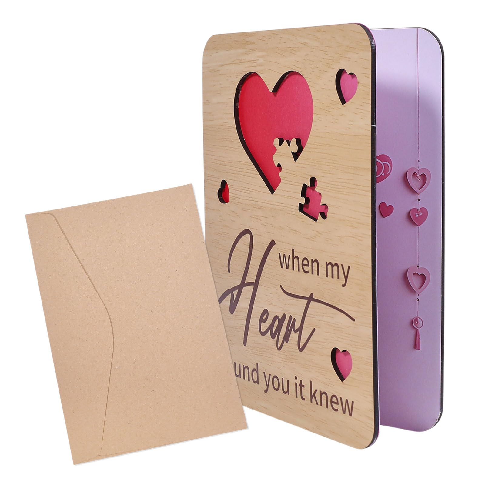 ORIGACH Large Wooden Anniversary Greeting Card with Envelope, Wooden Card for Sending Birthday Anniversary Wishes, Heart & Words Pattern