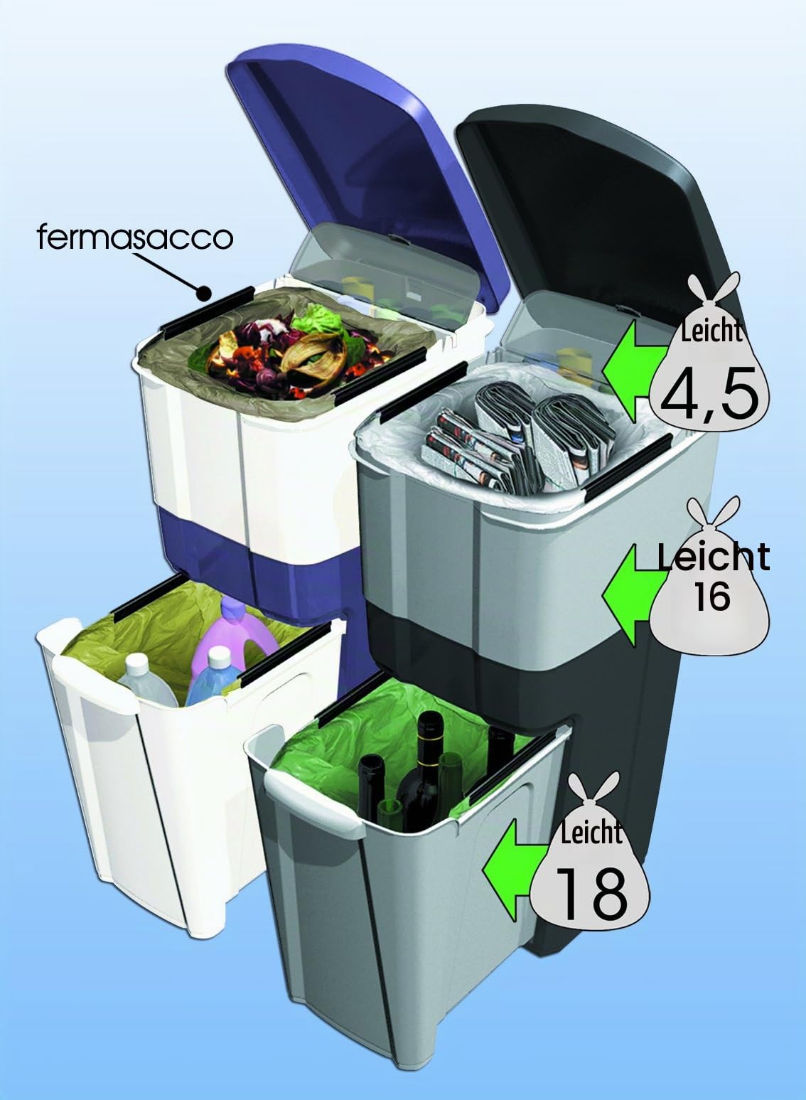 Bama Trypla Recycling-Behälter - 3 praktische Fächer für einfaches Sortieren - Grau