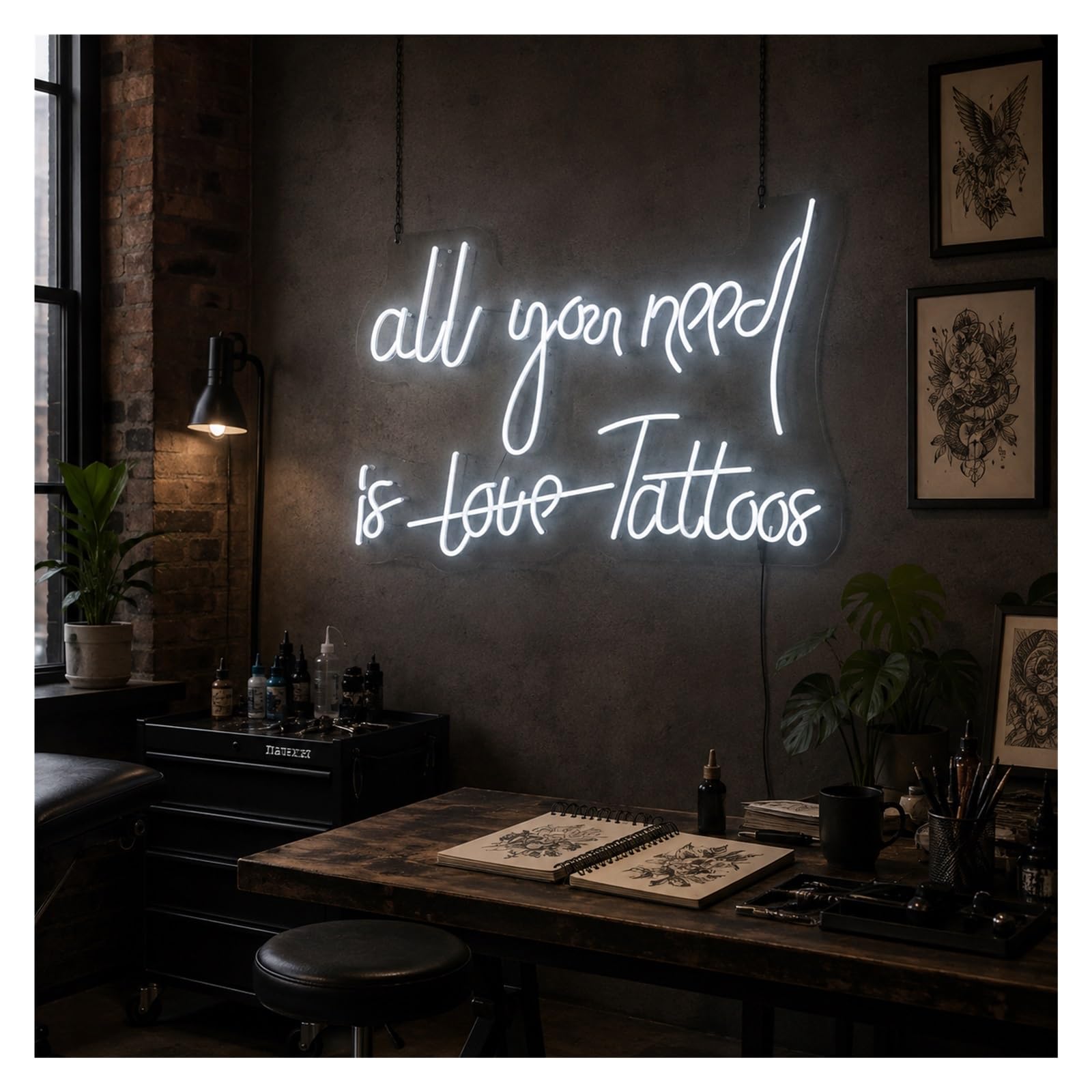 Insegna al Neon Insegna Al Neon All You Need Is Love Tattoos | Luce LED Dimmerabile Per L'arredamento Del Salone Dello Studio Di Tatuaggi Illuminato 55cm