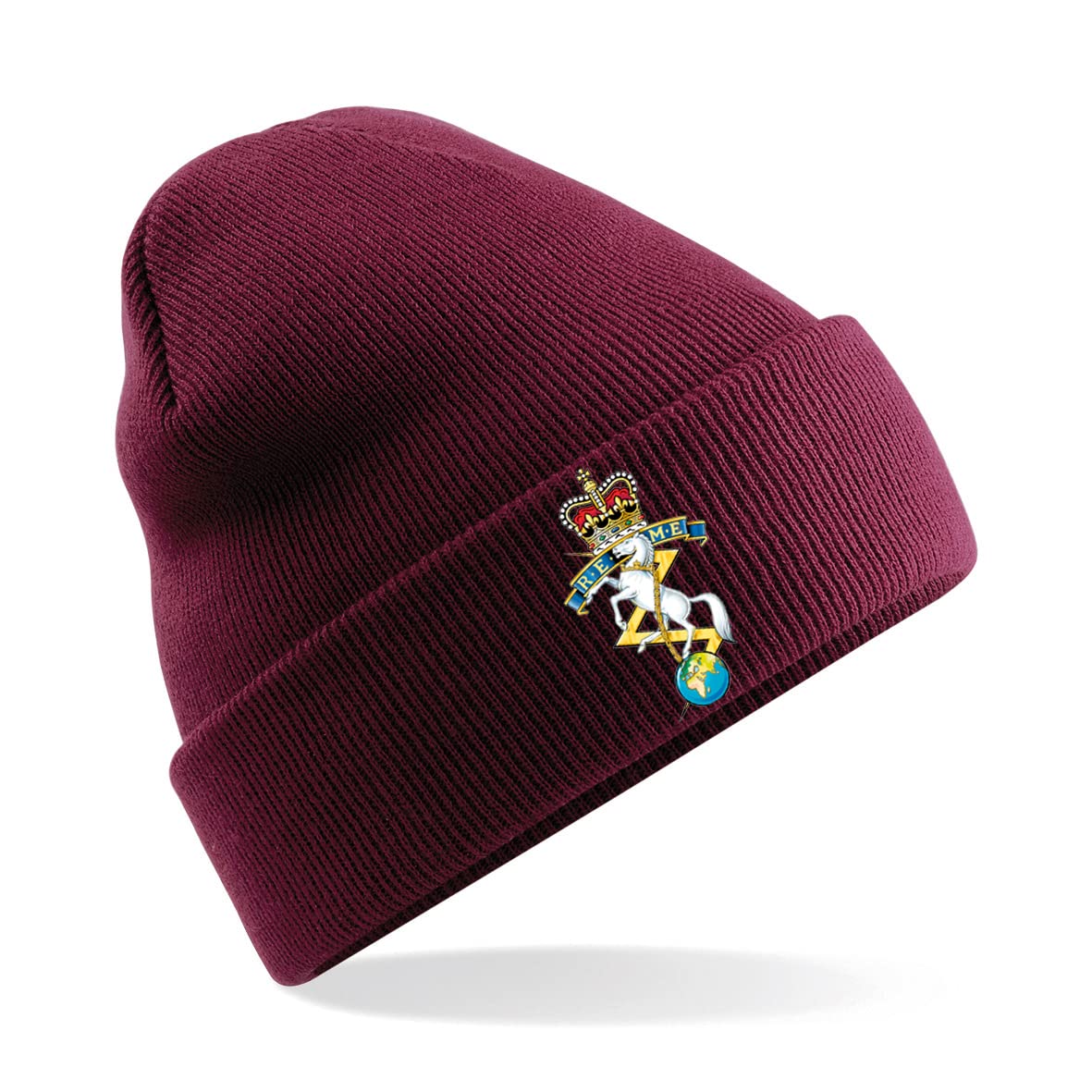 PSave Royal Electrical and Mechanical Engineers REME Insignia Mens Premium Embroidered Beanie Hat, Bob Hat British Army Military (Maroon)