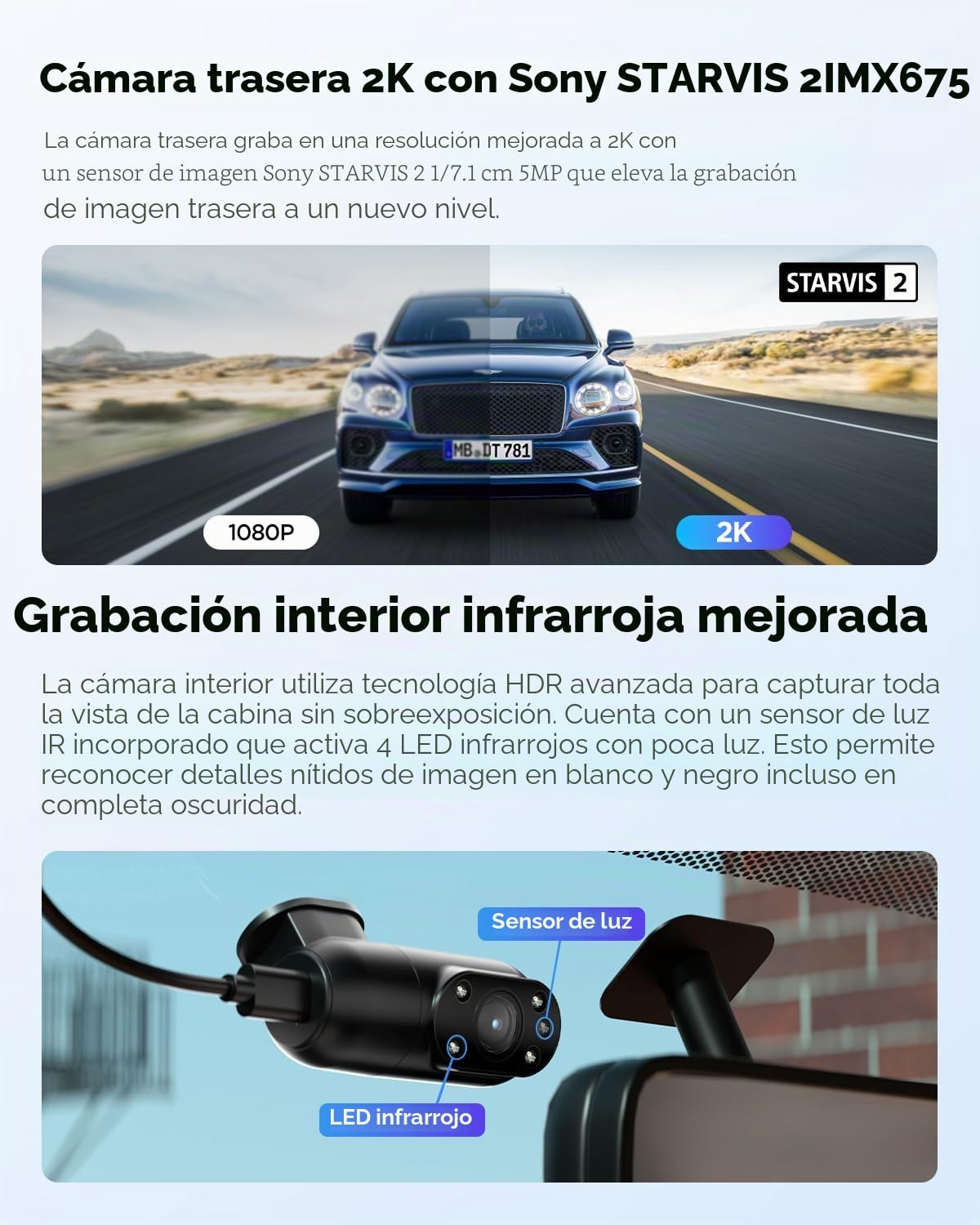 VIOFO A229 Plus 3CH Dashcam, 2K+2K+1080P, Dual STARVIS 2, GPS, WIFI | 3 canales (2 K + 2 K + 1080P), visión nocturna 2.0, WiFi rápida de 5 GHz y GPS, control por voz