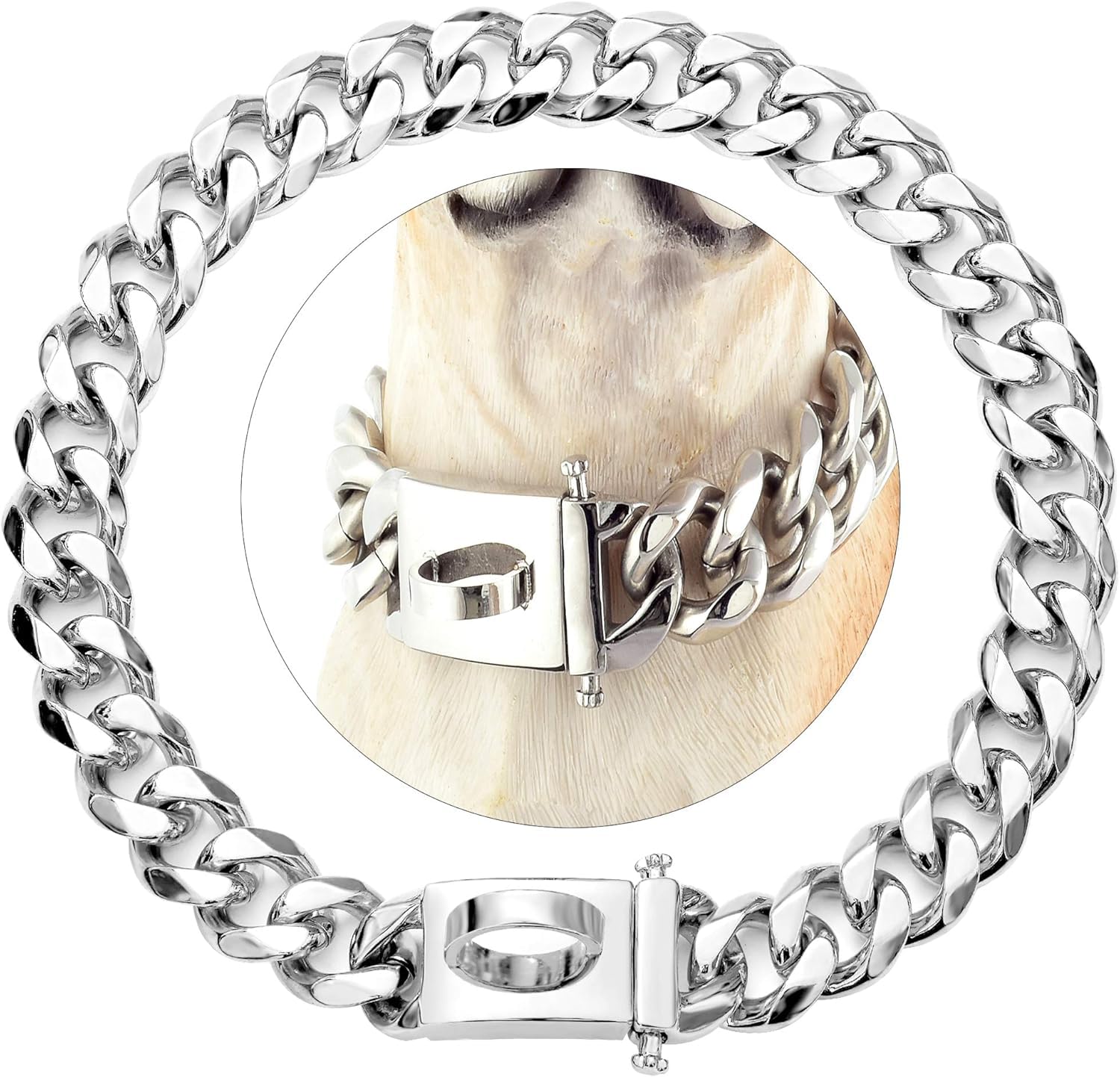 Dog Chain Collars Heavy Duty Cuban Link Silver Dog Chain Dog Necklace Chain Collar with Metal Buckle D Ring for Medium Large Dog Puppy Costume Accessory